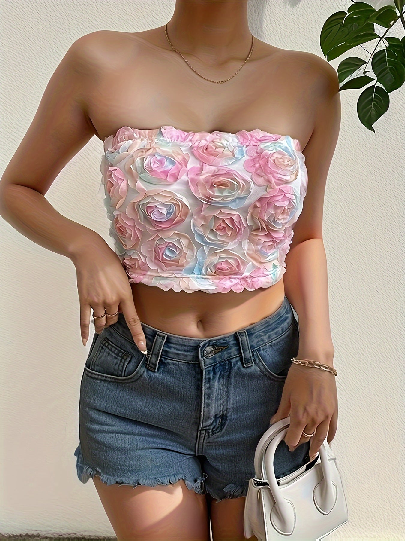 Sixsr Floral Tube Crop Top, Sexy Strapless Tube Top For Summer, Women's Clothing