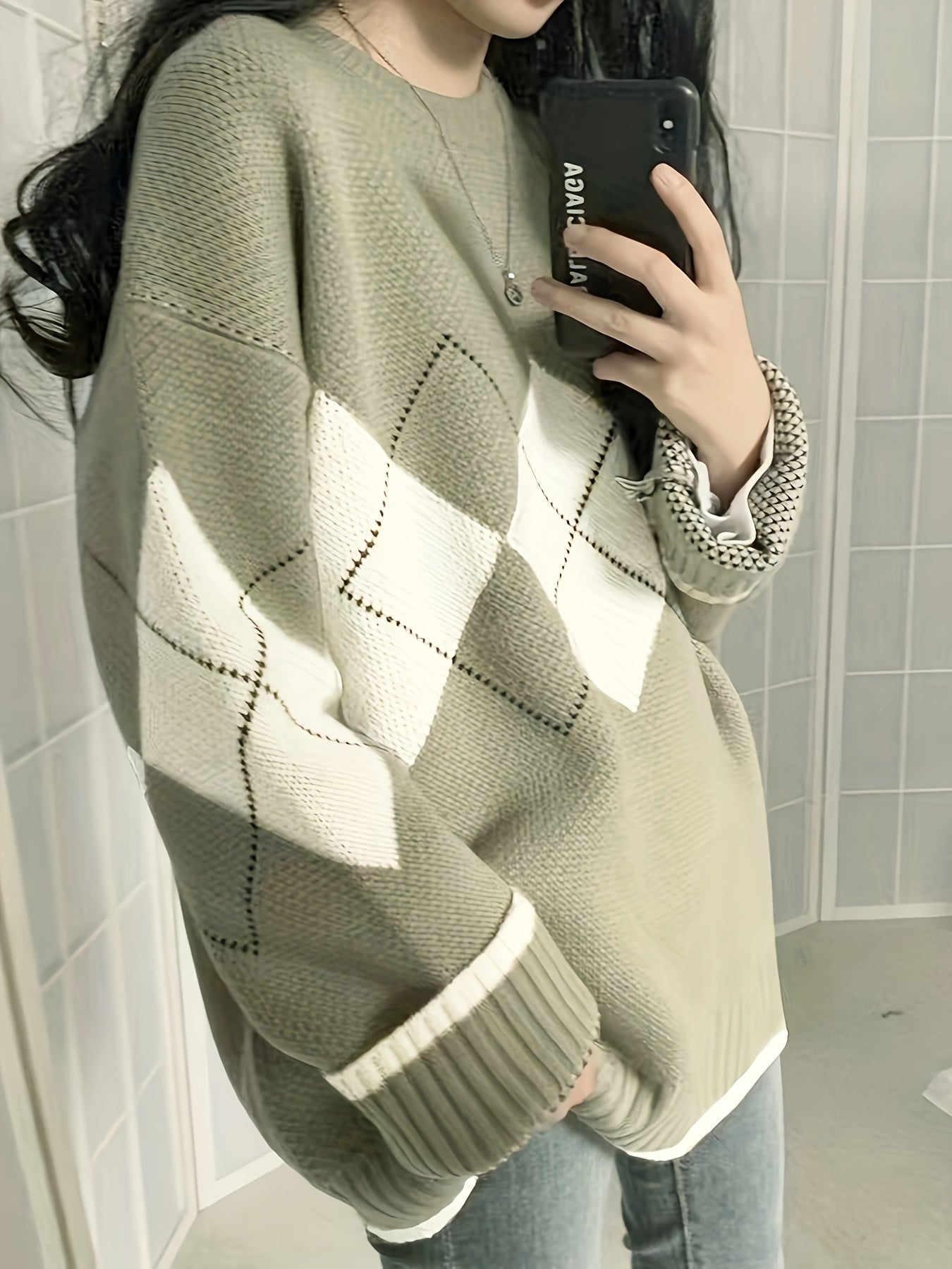 Sixsr Argyle Pattern Crew Neck Pullover Sweater, Vintage Long Sleeve Loose Sweater, Women's Clothing