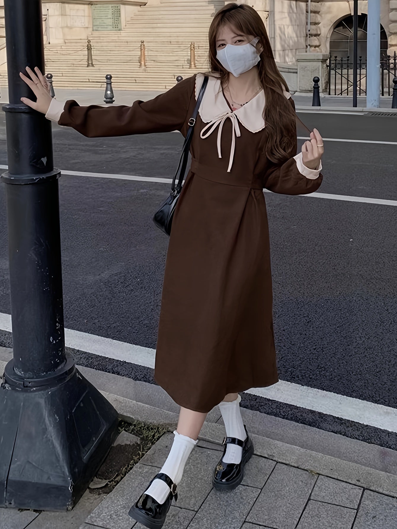 Sixsr Color Block Peter Pan Collar Dress, Casual Long Sleeve A-line Tied Dress, Women's Clothing