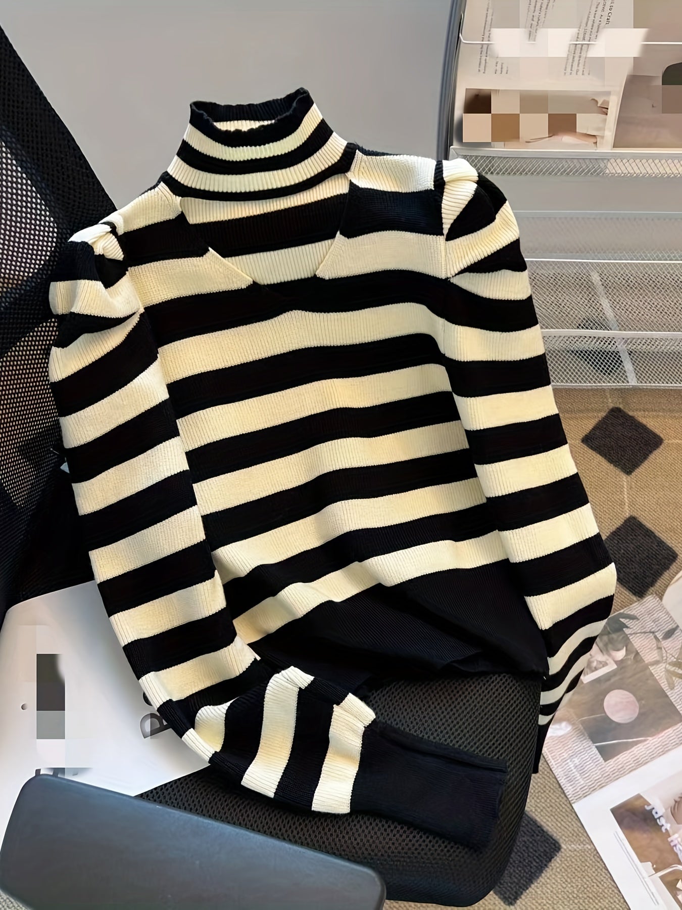 Sixsr Striped Turtle Neck Cut Out Sweater, Casual Long Sleeve Sweater For Spring & Fall, Women's Clothing