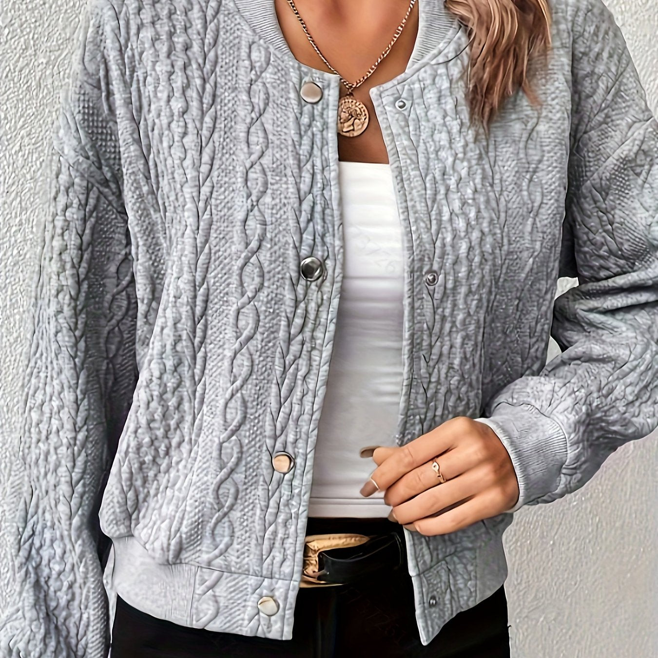 Sixsr Plus Size Casual Coat, Women's Plus Solid Cable Button Down Long Sleeve Bomber Jacket