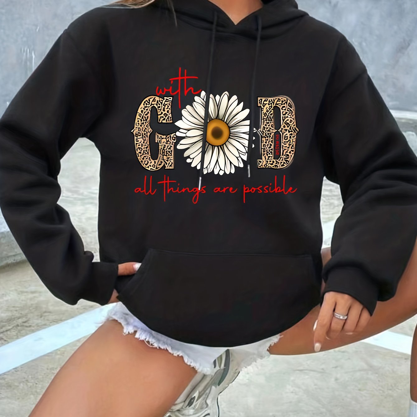 Sixsr Floral & Leopard Print Drawstring Hooded Sweatshirt, Front Pockets Long Sleeves Casual Hoodies, Women's Activewear