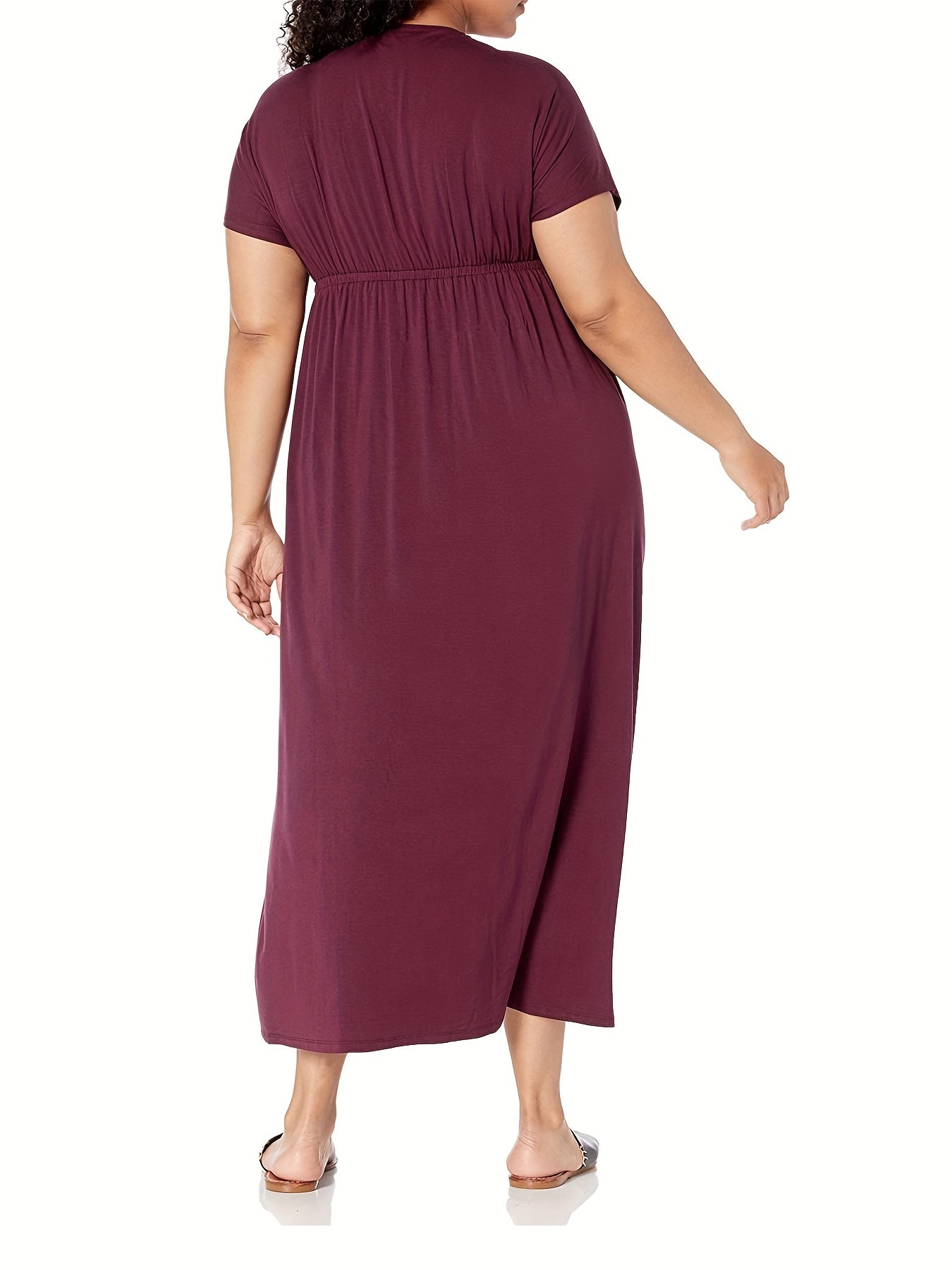 Sixsr Plus Size Casual Dress, Women's Plus Solid Bat Sleeve Surplice Neck Nipped Waist Ruched Medium Stretch Maxi Dress