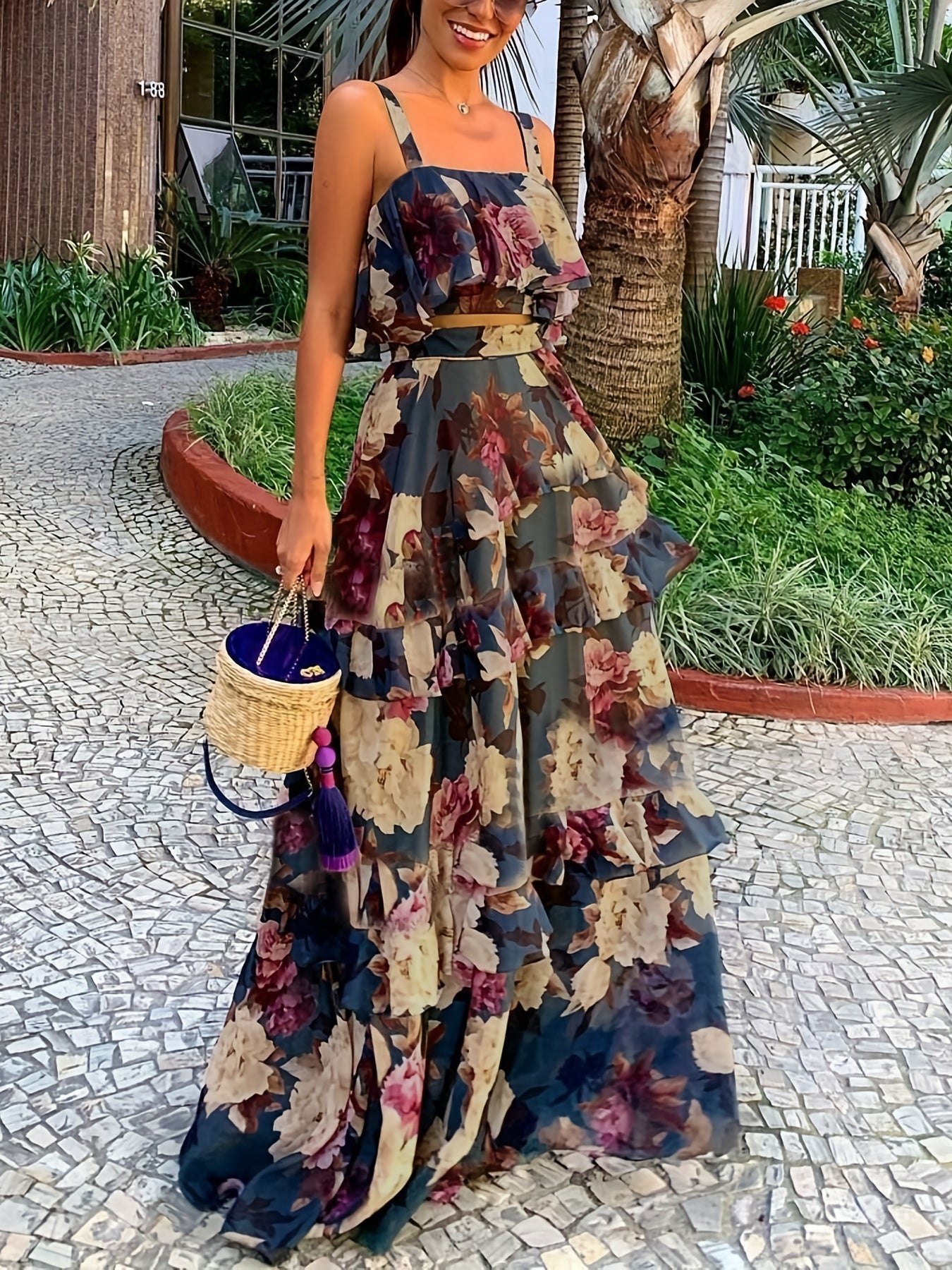 Floral Print Two-piece Skirt Set, Crop Tank Top & Layered Skirt Outfits, Women's Clothing