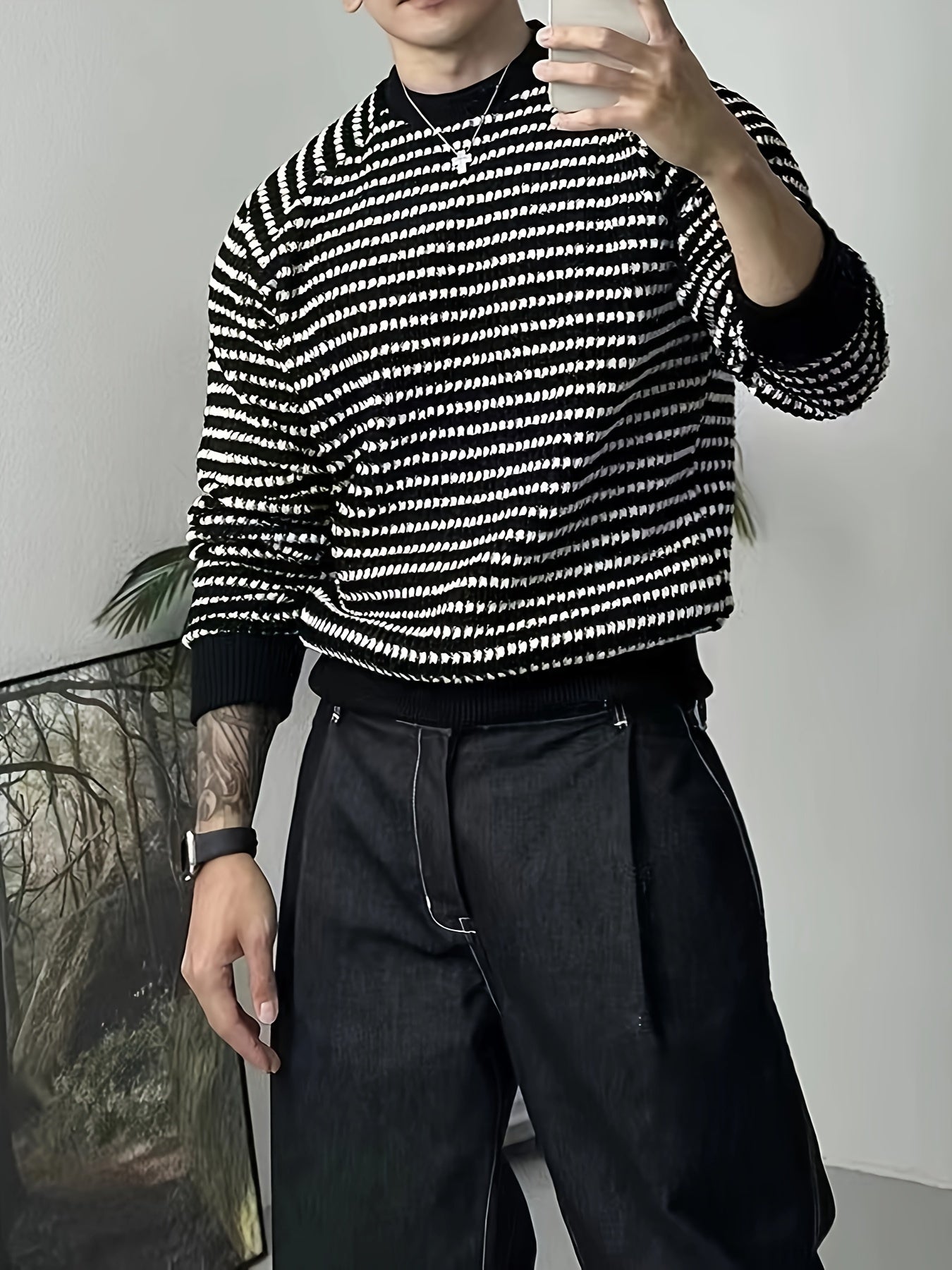 Sixsr Men's Stylish Stripe Pattern Knitted Pullover, Casual Breathable Long Sleeve Crew Neck Top For City Walk Street Hanging Outdoor Activities