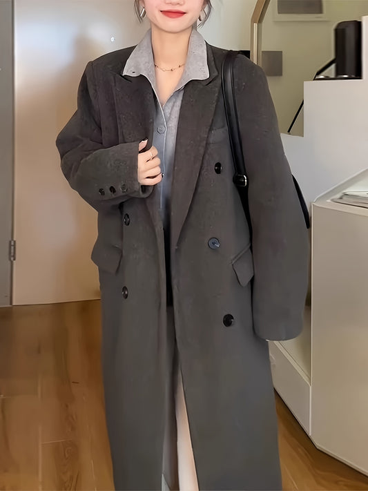 Sixsr Notched Collar Double-breasted Coat, Casual Long Sleeve Midi Overcoat For Fall & Winter, Women's Clothing