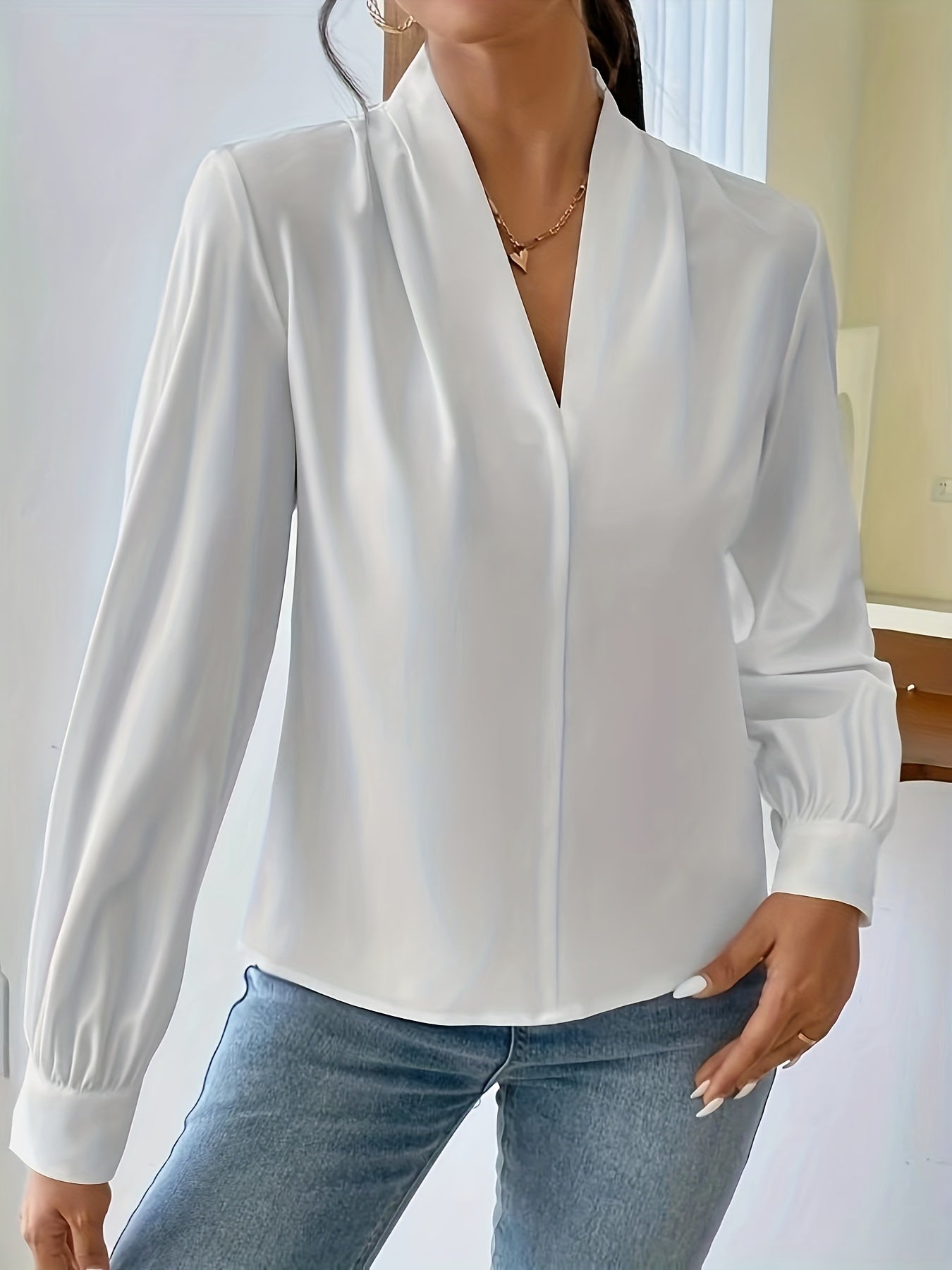 Sixsr Solid V-neck Pleated Blouse, Elegant Long Sleeve Blouse For Office & Work, Women's Clothing