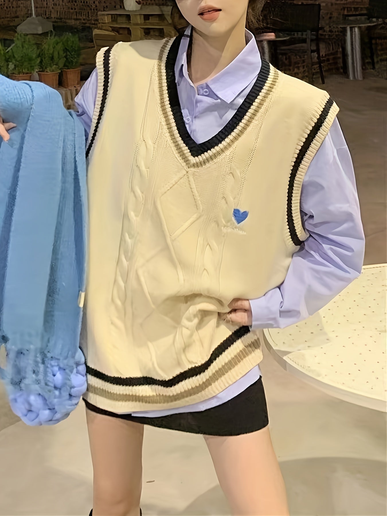 Sixsr Contrast Trim V Neck Cable Knit Vest, Casual Sleeveless Loose Sweater, Women's Clothing