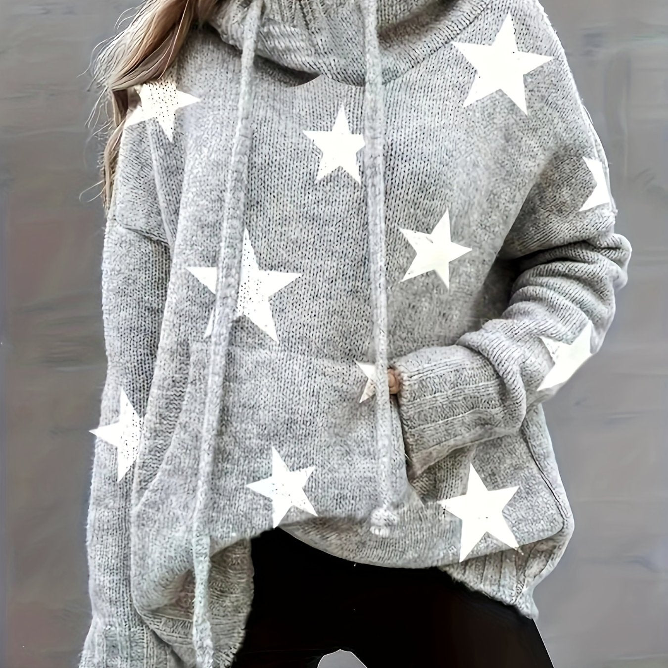 Sixsr Plus Size Casual Sweater, Women's Plus Star Print Long Sleeve Drawstring Hoodie Sweater With Pockets