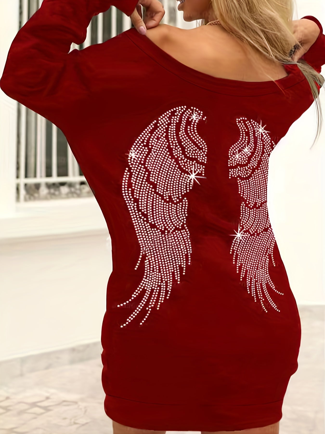 Sixsr Wings Print Off Shoulder Elegant Dress, Long Sleeve Bag Hip Mini Dress, Women's Clothing