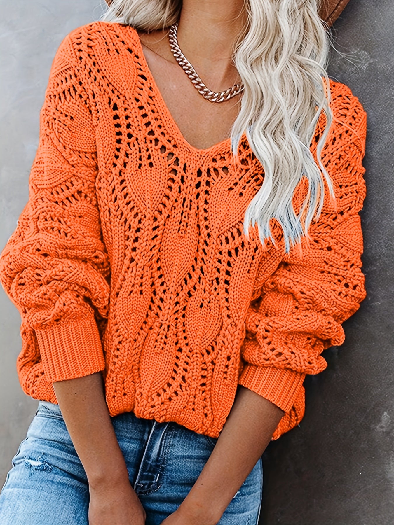 Sixsr Plus Size Casual Sweater, Women's Plus Solid Eyelet Embroidered Long Sleeve V Neck Slight Stretch Pullover Sweater