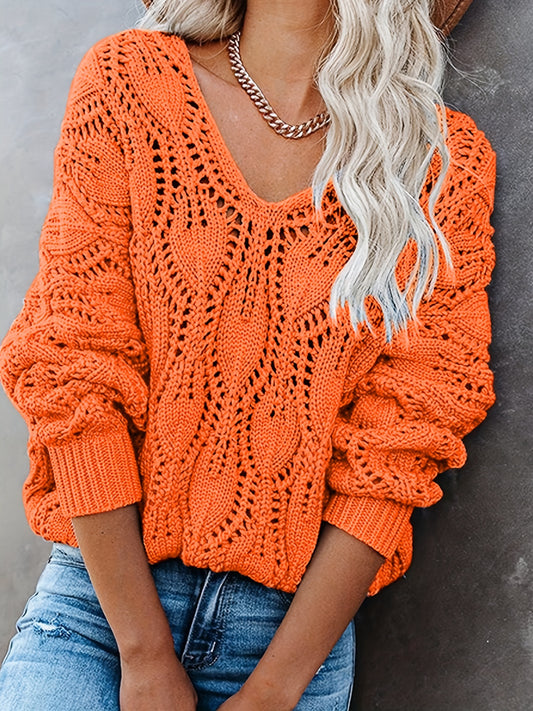 Sixsr Plus Size Casual Sweater, Women's Plus Solid Eyelet Embroidered Long Sleeve V Neck Slight Stretch Pullover Sweater