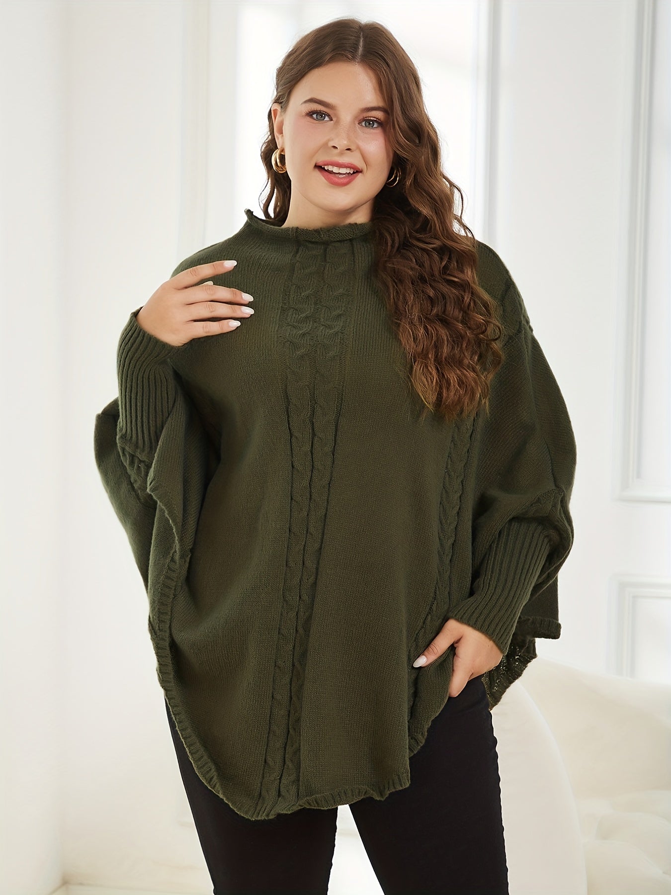 Sixsr Plus Size Casual Sweater, Women's Plus Jacquard High Neck Bat Sleeve Pullover Sweater