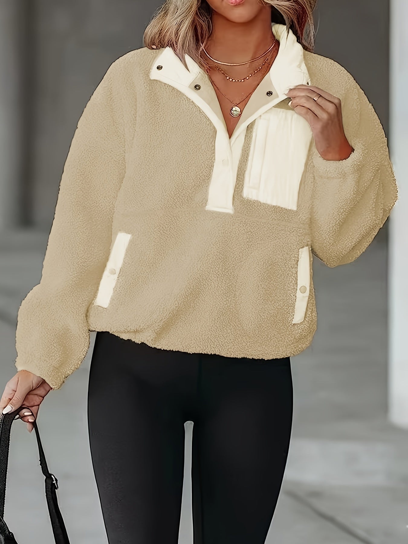Sixsr Plus Size Casual Jacket, Women's Plus Colorblock Long Sleeve Sherpa Fleece Half Zipper Lapel Collar Pullover Jacket With Pockets