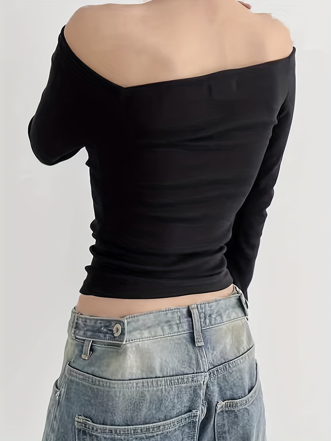 Sixsr Solid Color Off-shoulder T-Shirt, Stylish Long Sleeve Crop T-Shirt For Spring & Fall, Women's Clothing