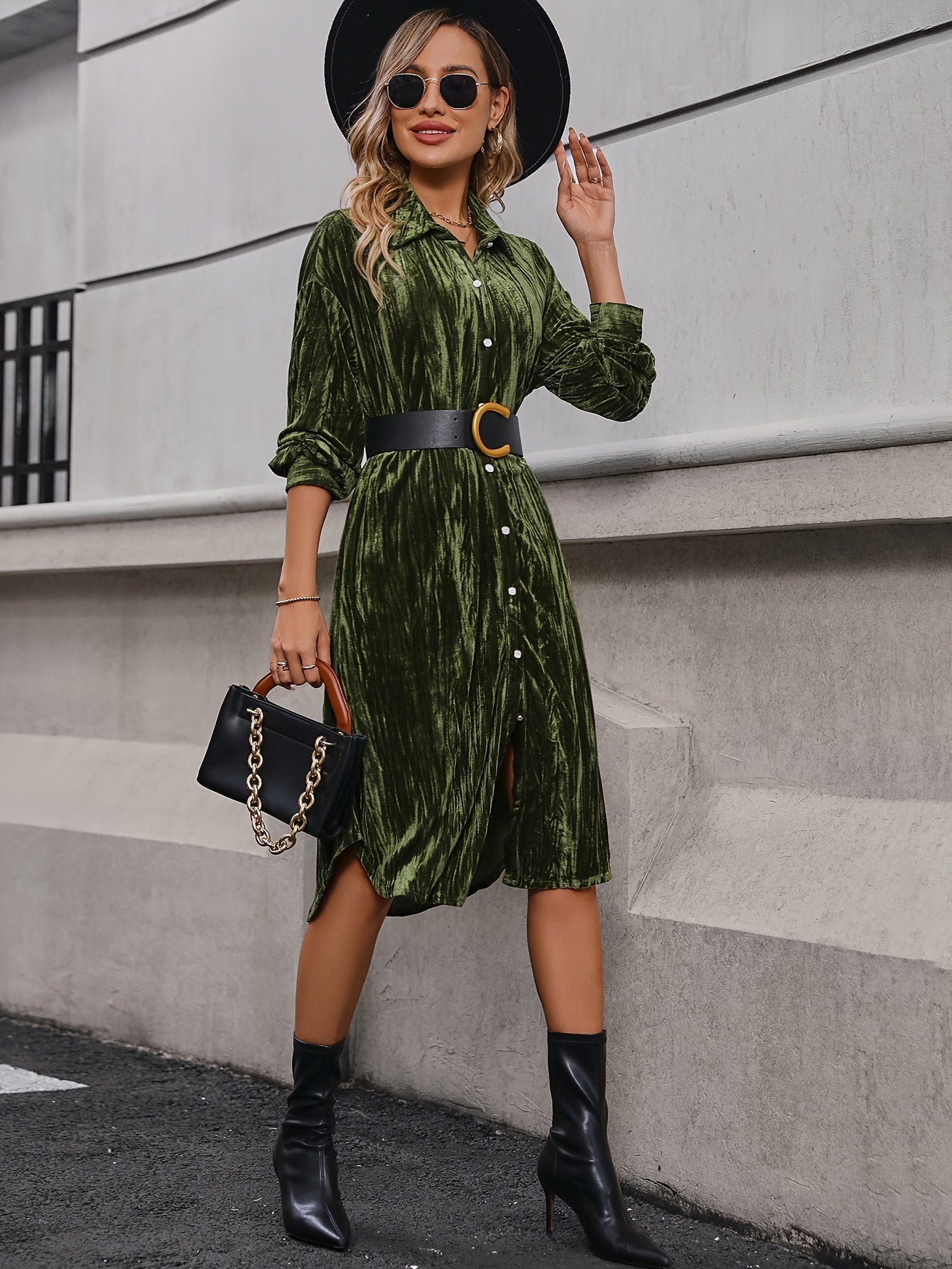 Sixsr Button Front Solid Dress, Elegant Long Sleeve Midi Dress, Women's Clothing