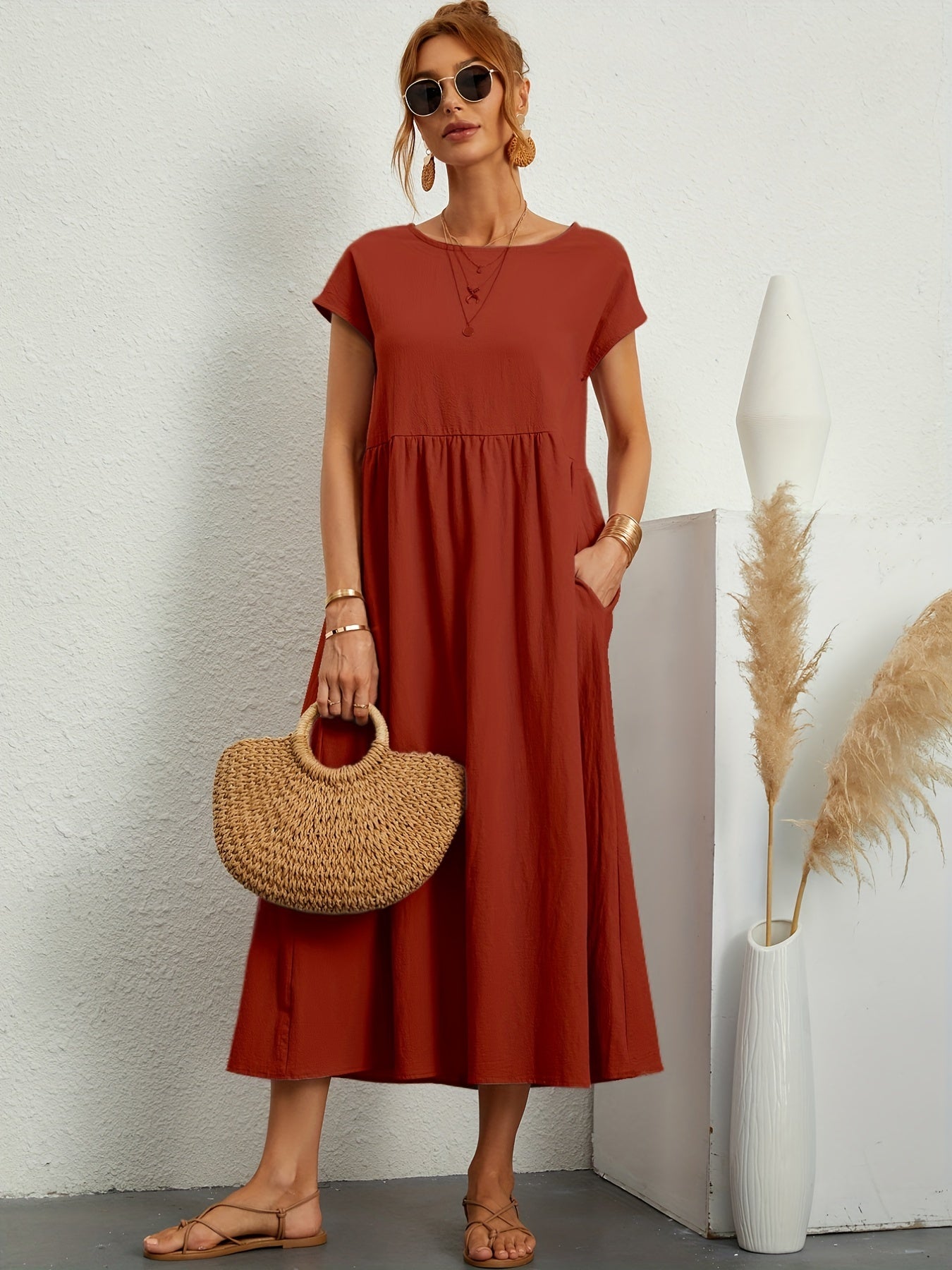 Sixsr Loose Pocket Solid Dress, Casual Short Sleeve Crew Neck Waist Summer Dress, Women's Clothing