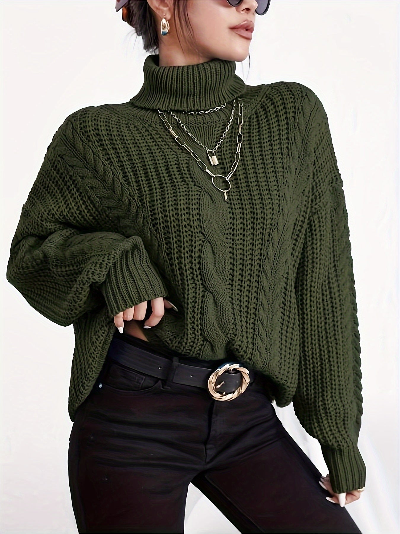 Sixsr Cable Knitted Turtle Neck Sweater, Casual Long Sleeve Sweater For Fall & Winter, Women's Clothing