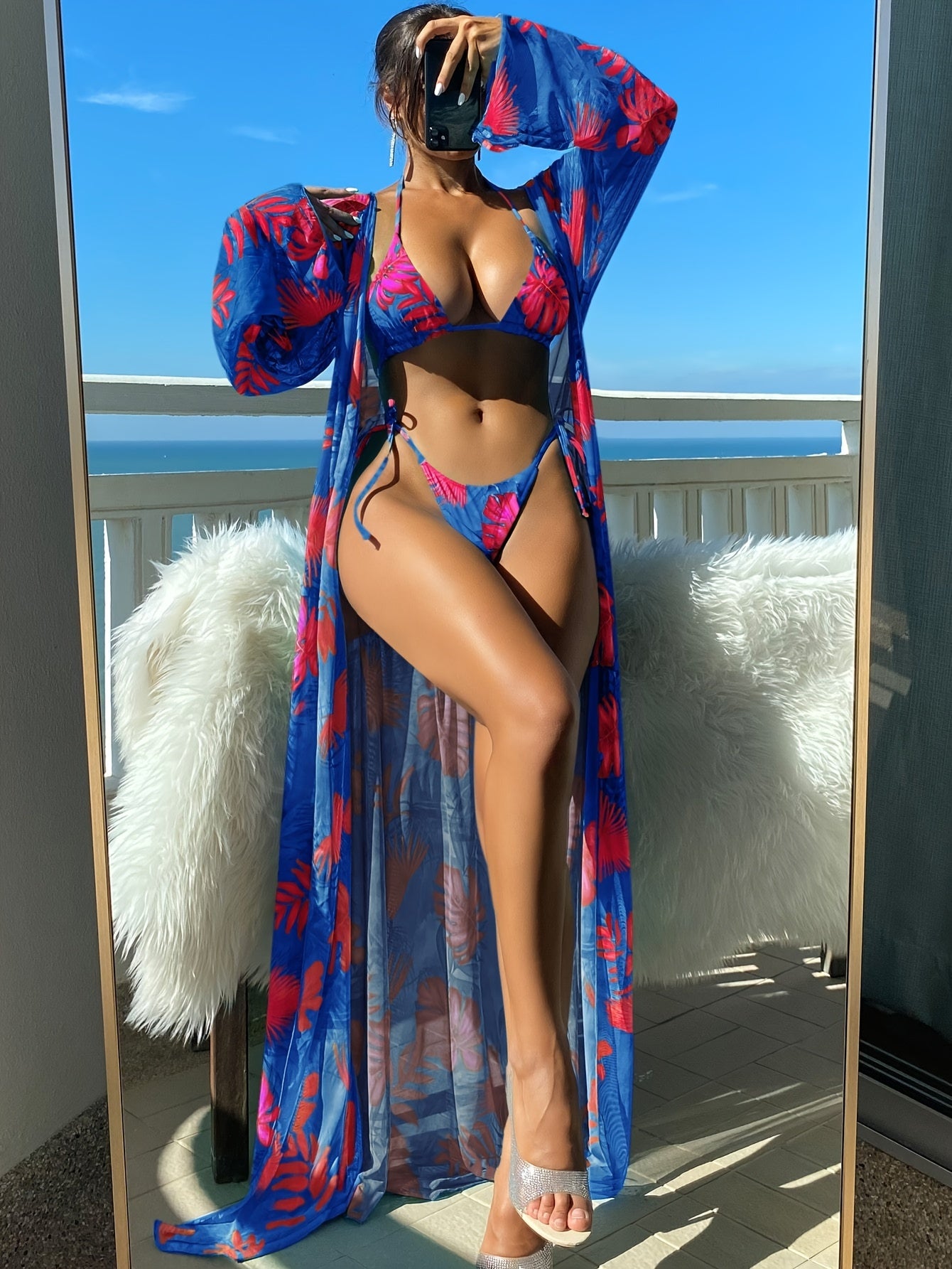 Sixsr Tropical Leaf Print Stretchy 3 Piece Set Bikini With Long Sleeve Kimono, Halter Stretchy Tie Strap Swimsuits, Women's Swimwear & Clothing