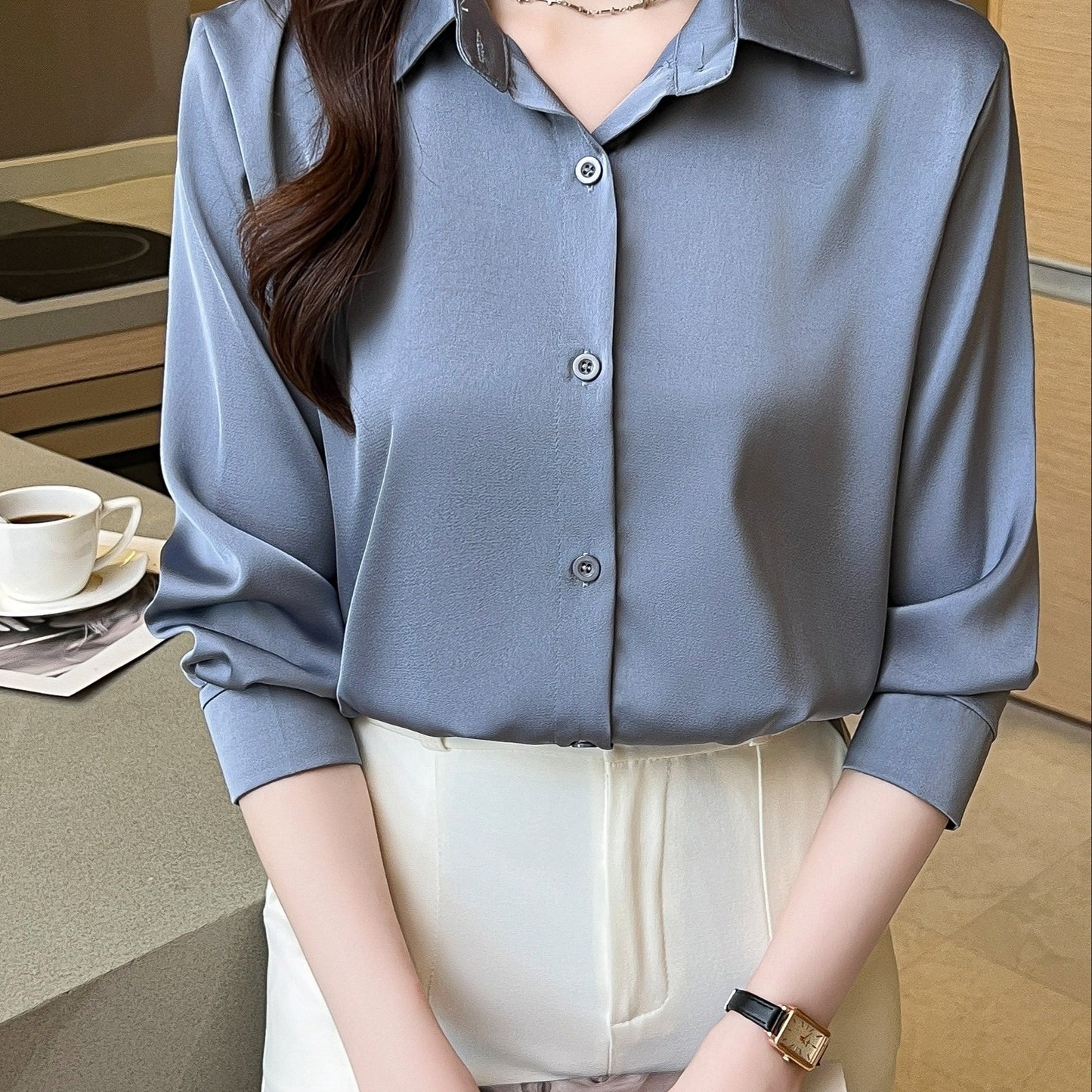 Sixsr Solid Button Front Shirt, Casual Long Sleeve Collar Work Office Shirt, Women's Clothing