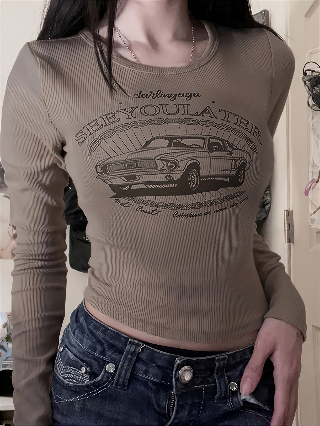 Sixsr Vintage Graphic & Letter Print T-Shirt, Y2k Long Sleeve Slim T-Shirt For Spring & Fall, Women's Clothing