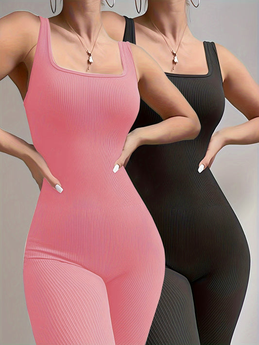 Sixsr 2pcs Solid Color Ribbed Yoga Jumpsuit, Square Neck Sports Fitness Sleeveless Bodysuit, Women's Activewear