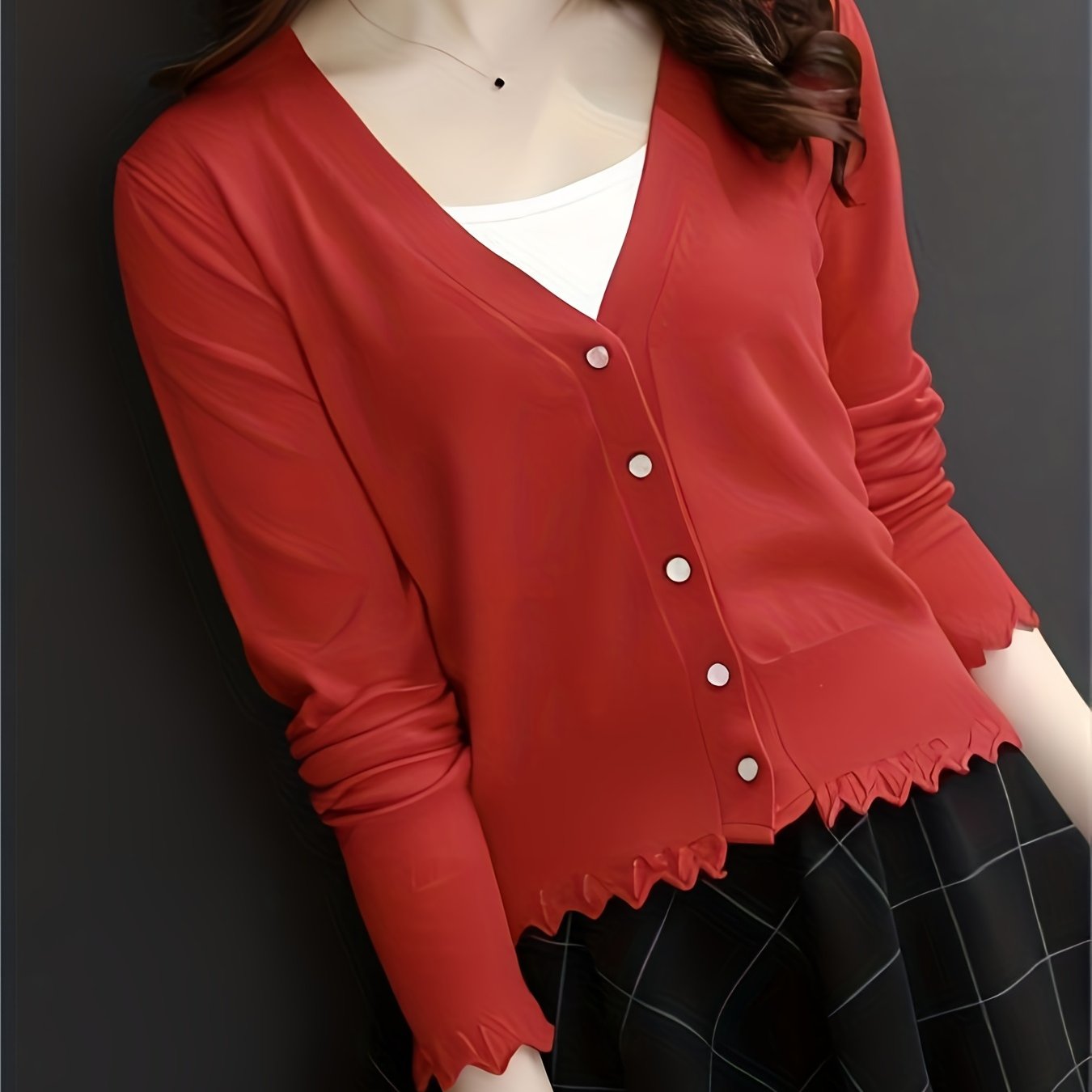 Sixsr Button Front Lettuce Trim Knit Cardigan, Casual Solid V Neck Long Sleeve Sweater For Spring & Summer, Women's Clothing
