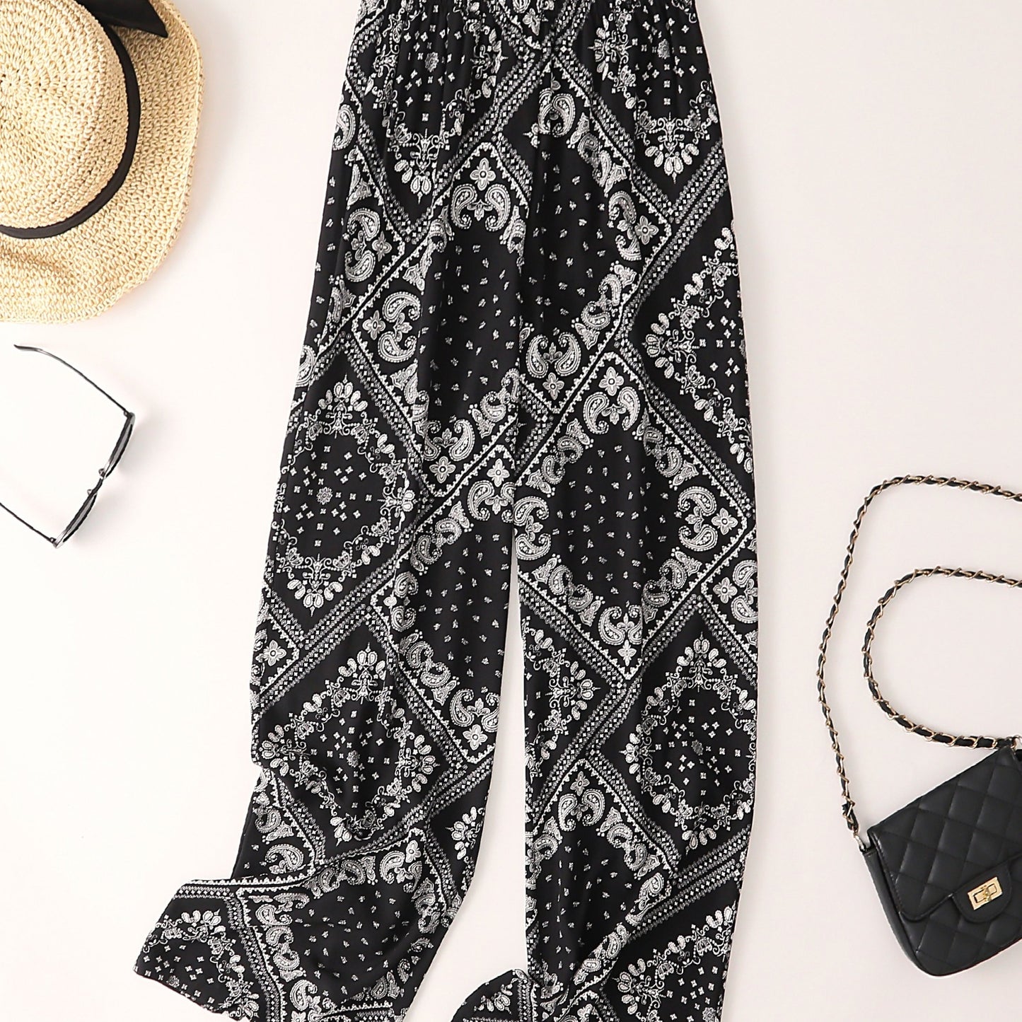 Paisley Scarf Print Wide Leg Pants, Boho Casual Loose Pants For Spring & Summer, Women's Clothing