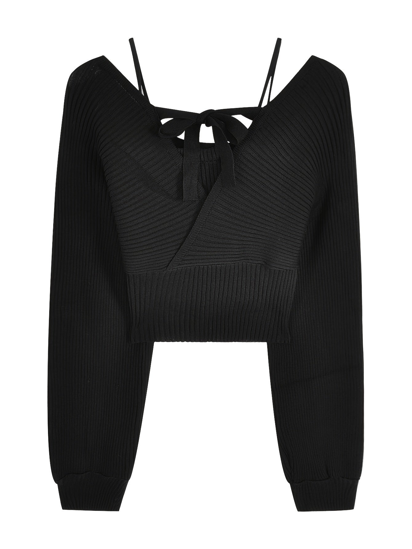 Sixsr Solid Color Faux Twinset Sweater, Chic Long Sleeve Crop Tied Sweater For Fall & Winter, Women's Clothing