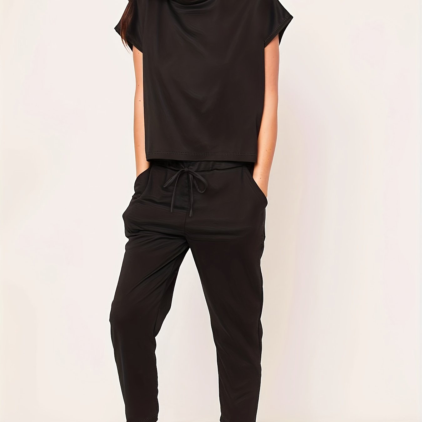 Sixsr Casual Solid Pantsuits Two-piece Set, Short Sleeve Round Neck Tops & Drawstring Cropped Pants Set, Women's Clothing