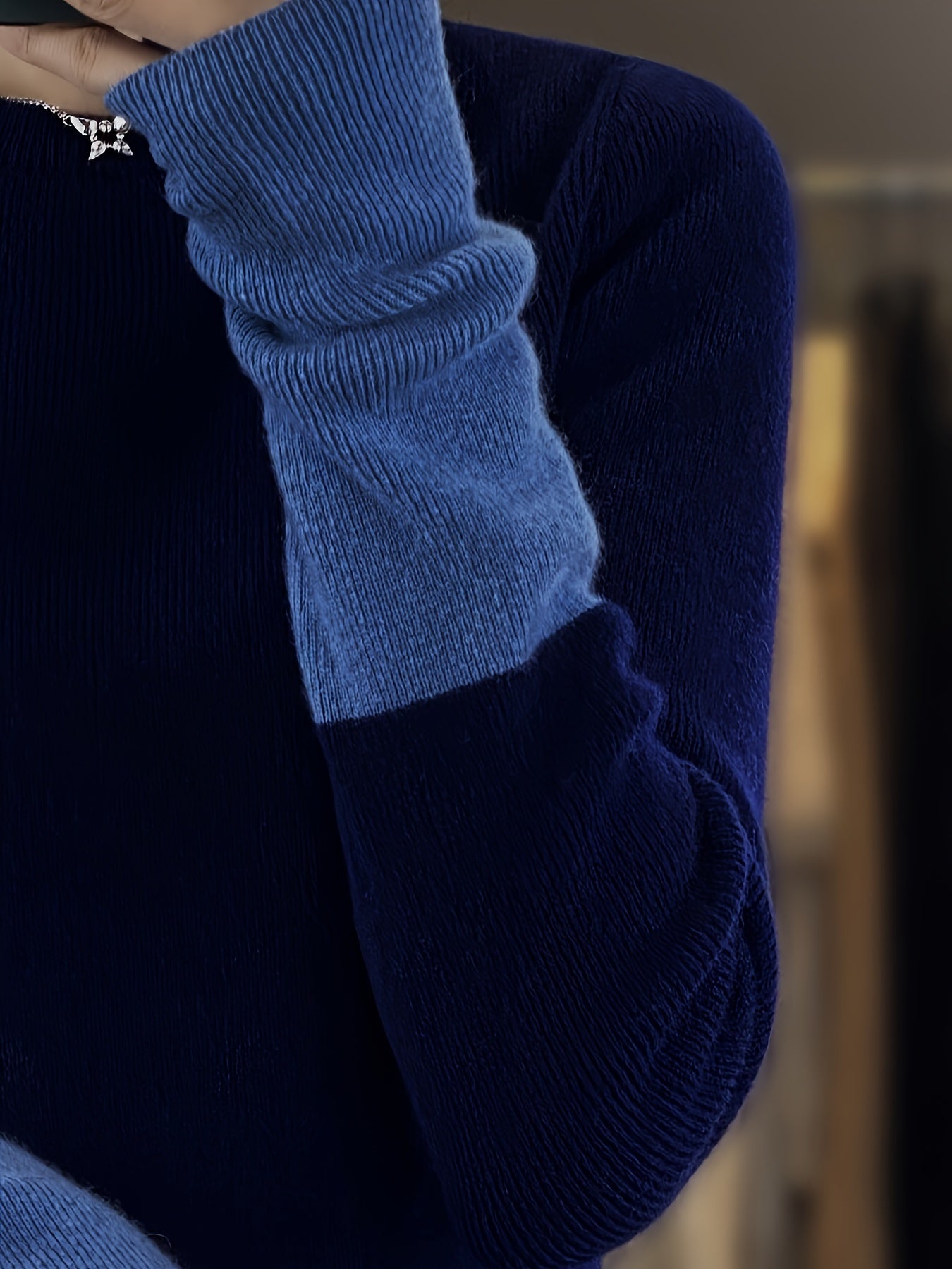 Sixsr Color Block Crew Neck Pullover Sweater, Elegant Long Sleeve Slim Sweater, Women's Clothing