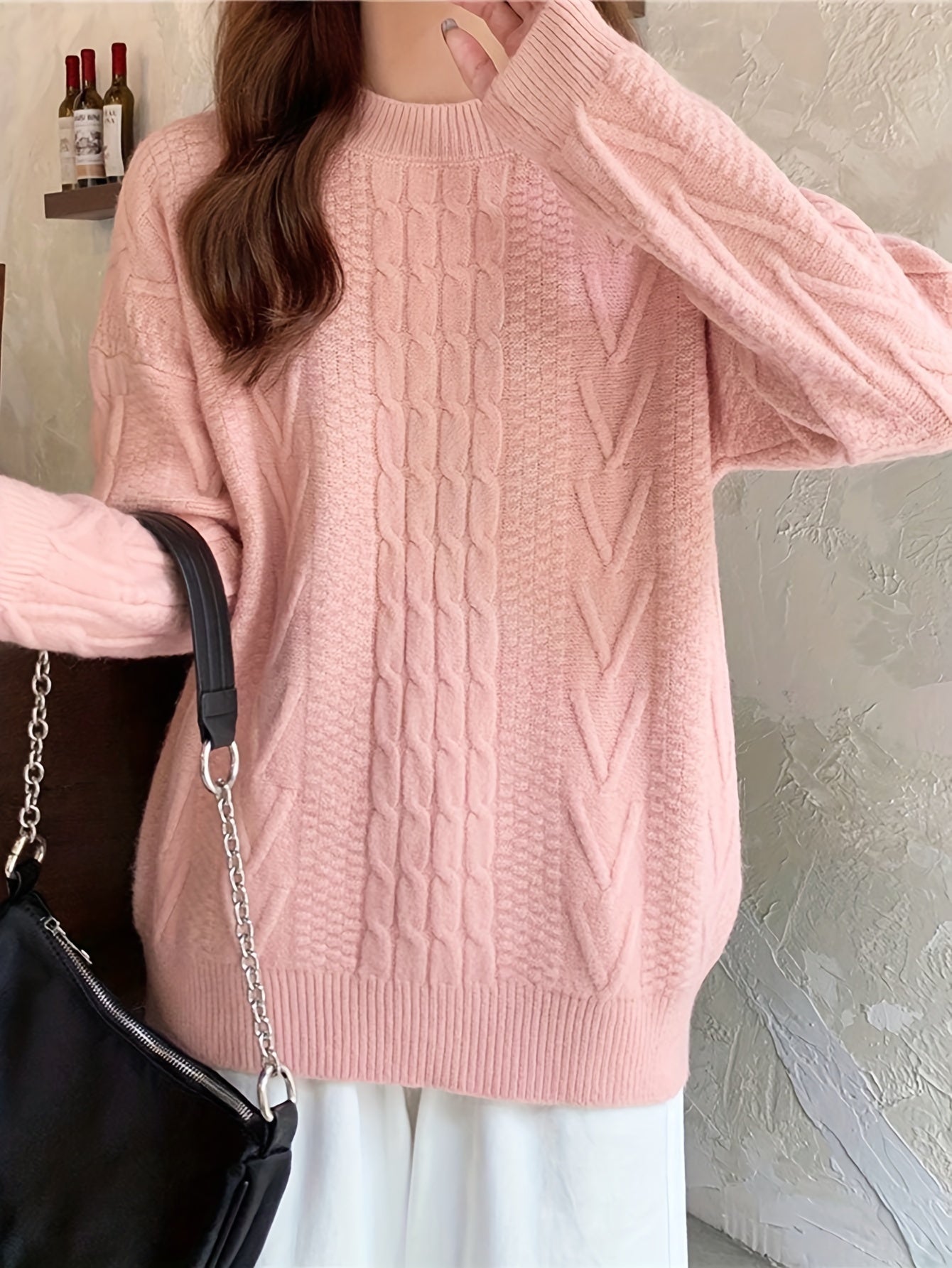 Sixsr Solid Cable Twist Knit Sweater, Casual Long Sleeve Pullover Sweater, Women's Clothing
