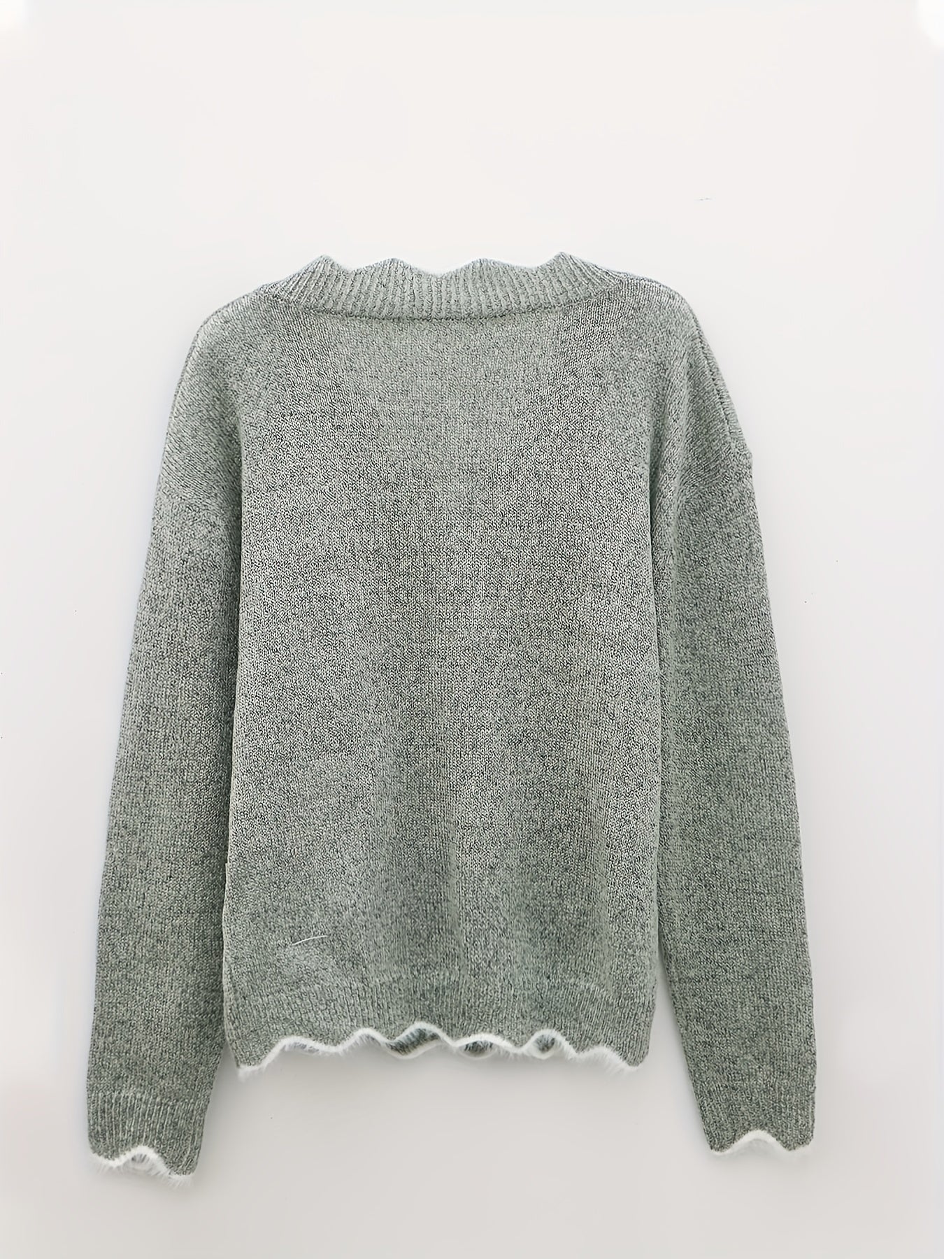 Sixsr Scallop Trim Knit Sweater, Casual V Neck Long Sleeve Sweater, Women's Clothing