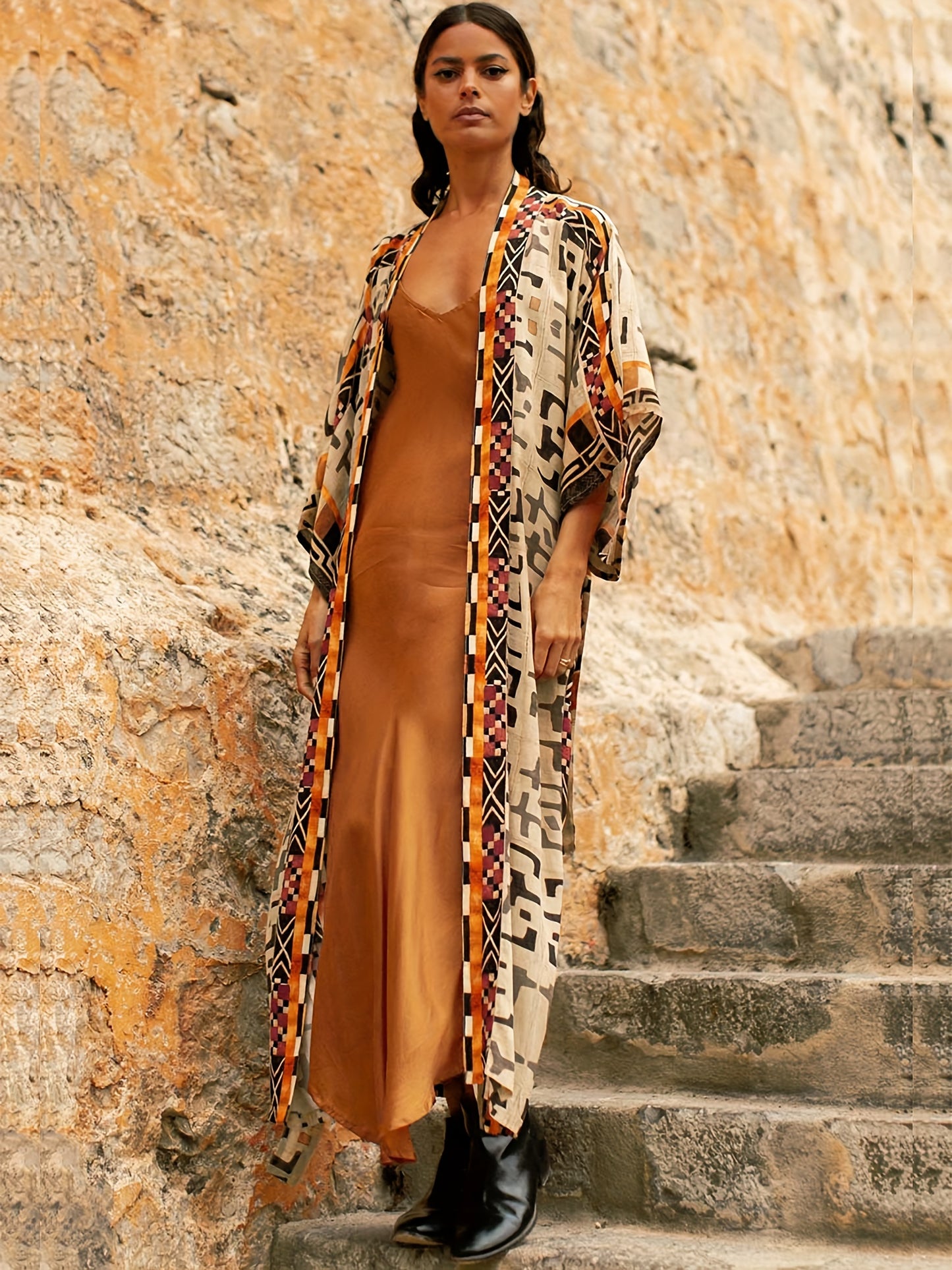 Sixsr Geo Print Open Front Belted Kimono, Boho Long Sleeve Beachwear Cove Up, Women's Clothing