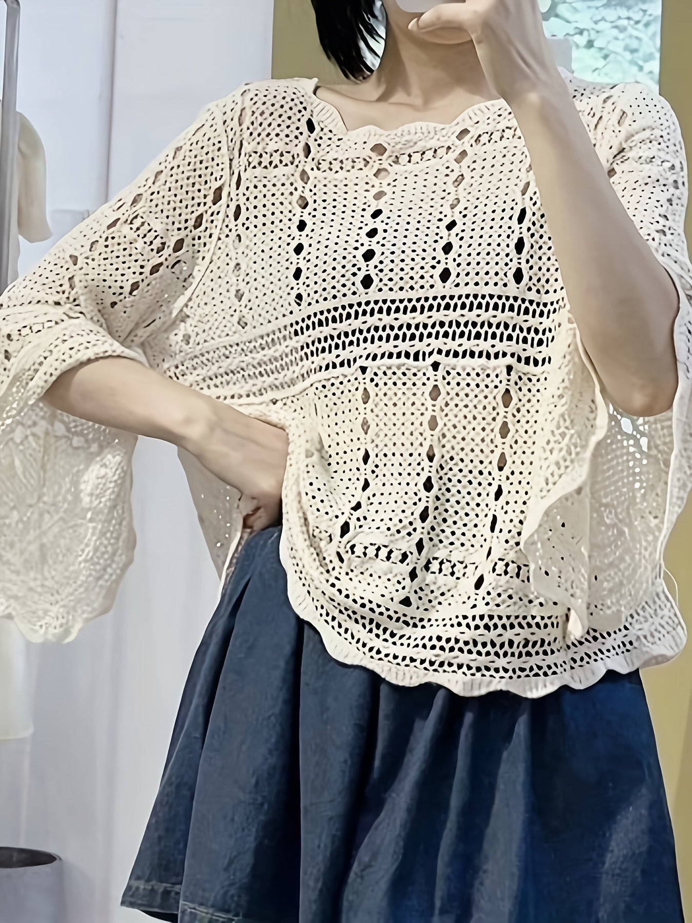 Sixsr Solid Hollow Crew Neck Pullover Top, Casual Long Sleeve Scallop Trim Versatile Stylish Sweater, Women's Clothing