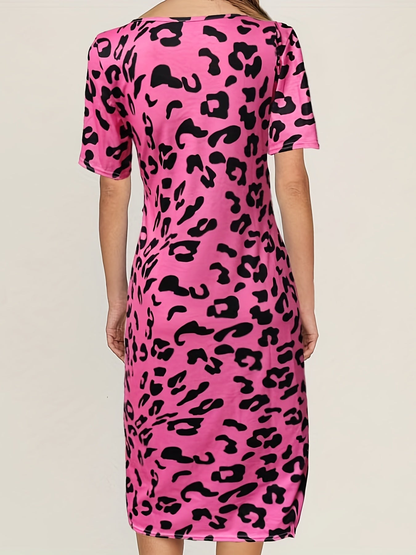 Sixsr Leopard Print Split Dress, Boho Crew Neck Short Sleeve Bodycon Dress, Women's Clothing