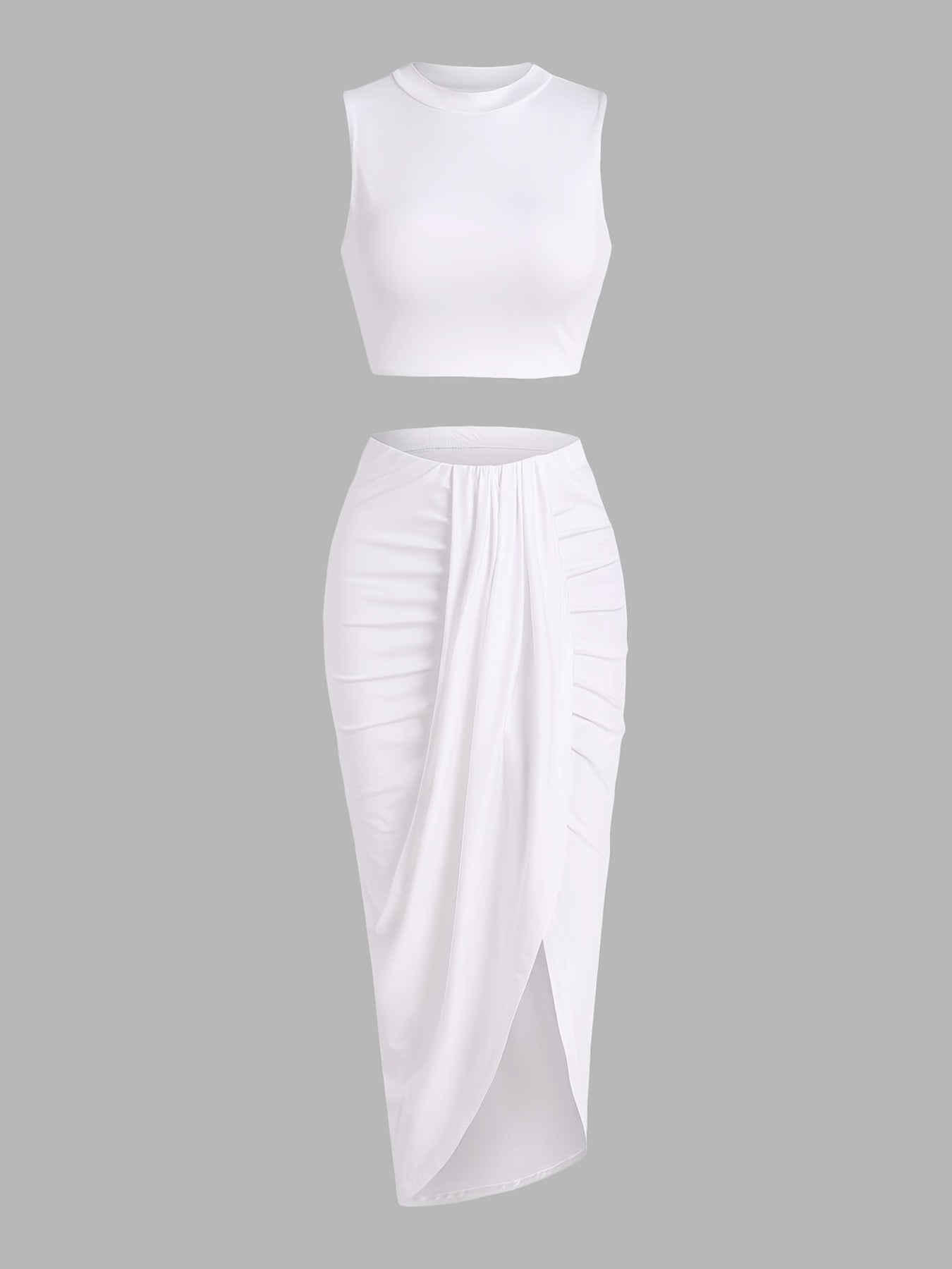 Two-piece Skirt Set, Crop Tank Top & Ruched Split Front Skirt Outfits, Women's Clothing