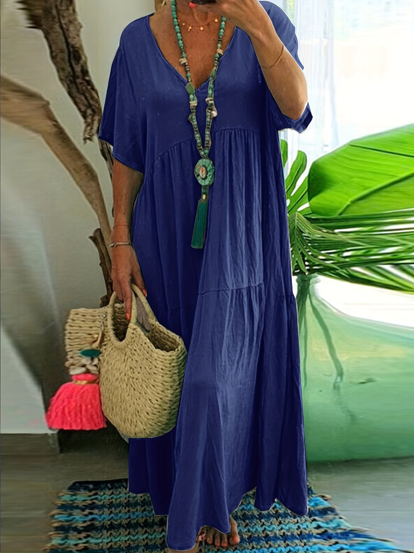 Sixsr Plus Size Casual Dress, Women's Plus Solid V Neck Short Sleeve Ruffle Trim Smock Dress