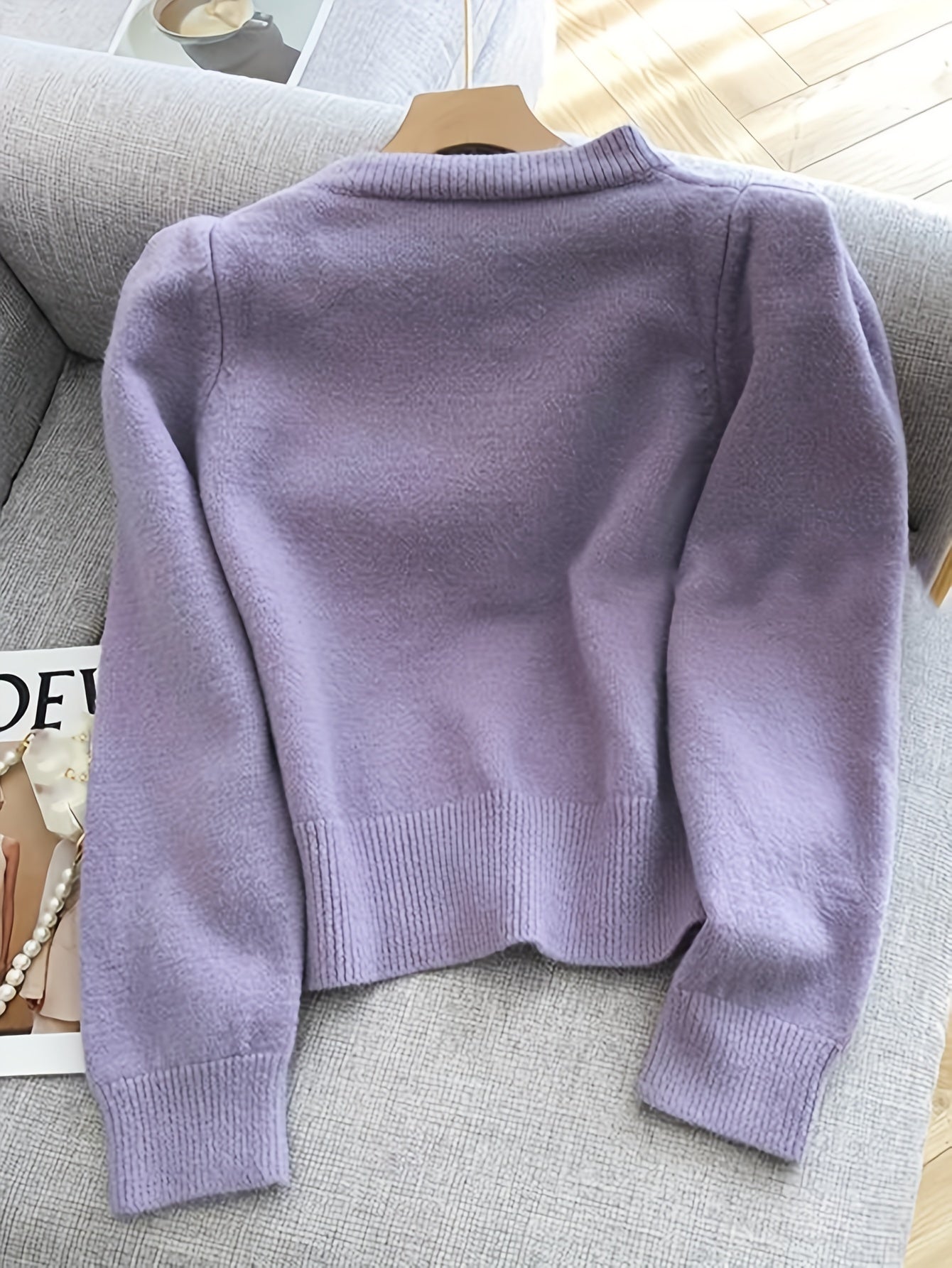 Sixsr Bow Button Up Knit Cardigan, Casual Long Sleeve Solid Sweet Sweater, Women's Clothing