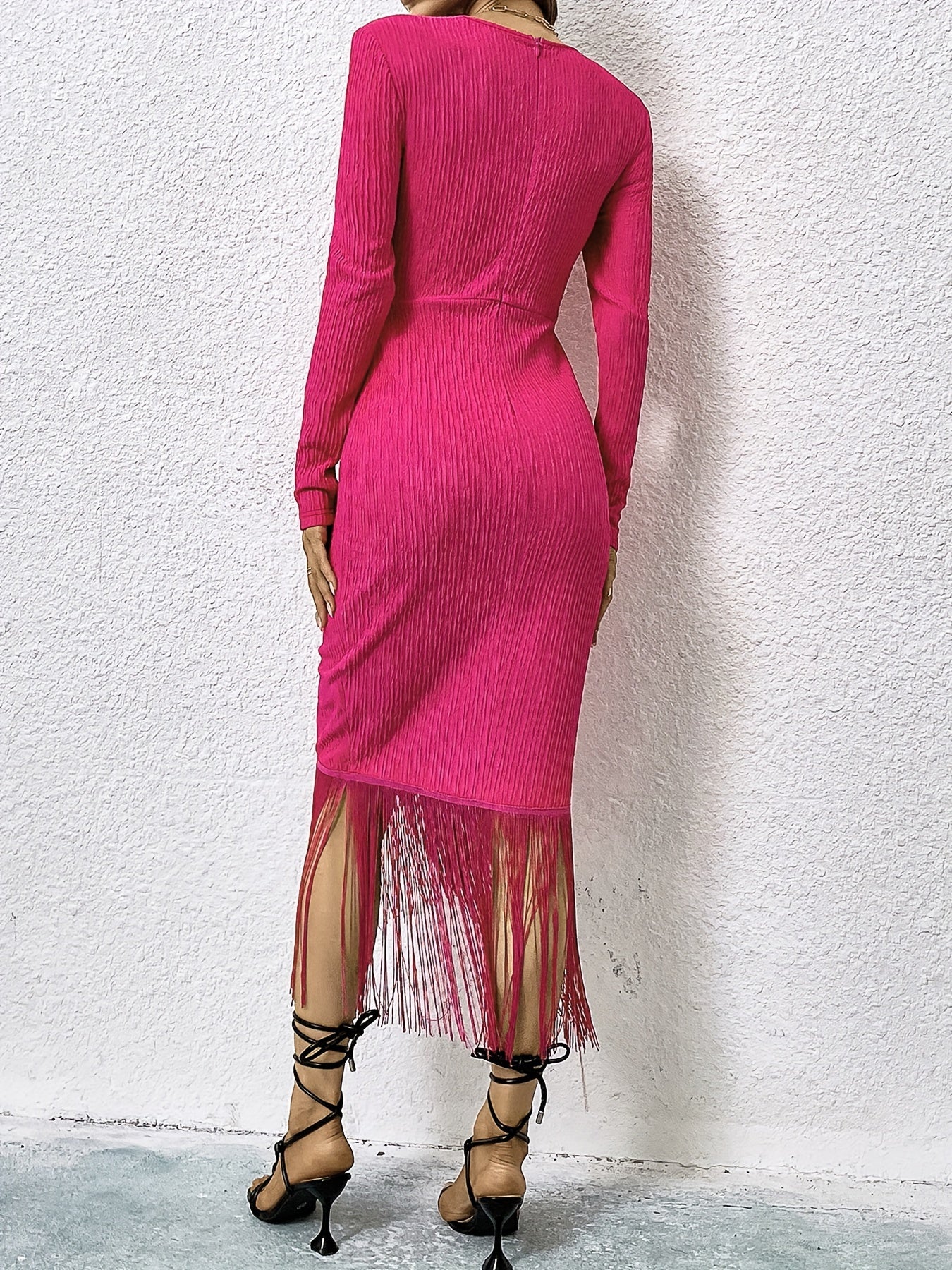 Sixsr Tassel Surplice Neck Split Wrap Dress , Elegant Long Sleeve Dress For Party & Banquet, Women's Clothing