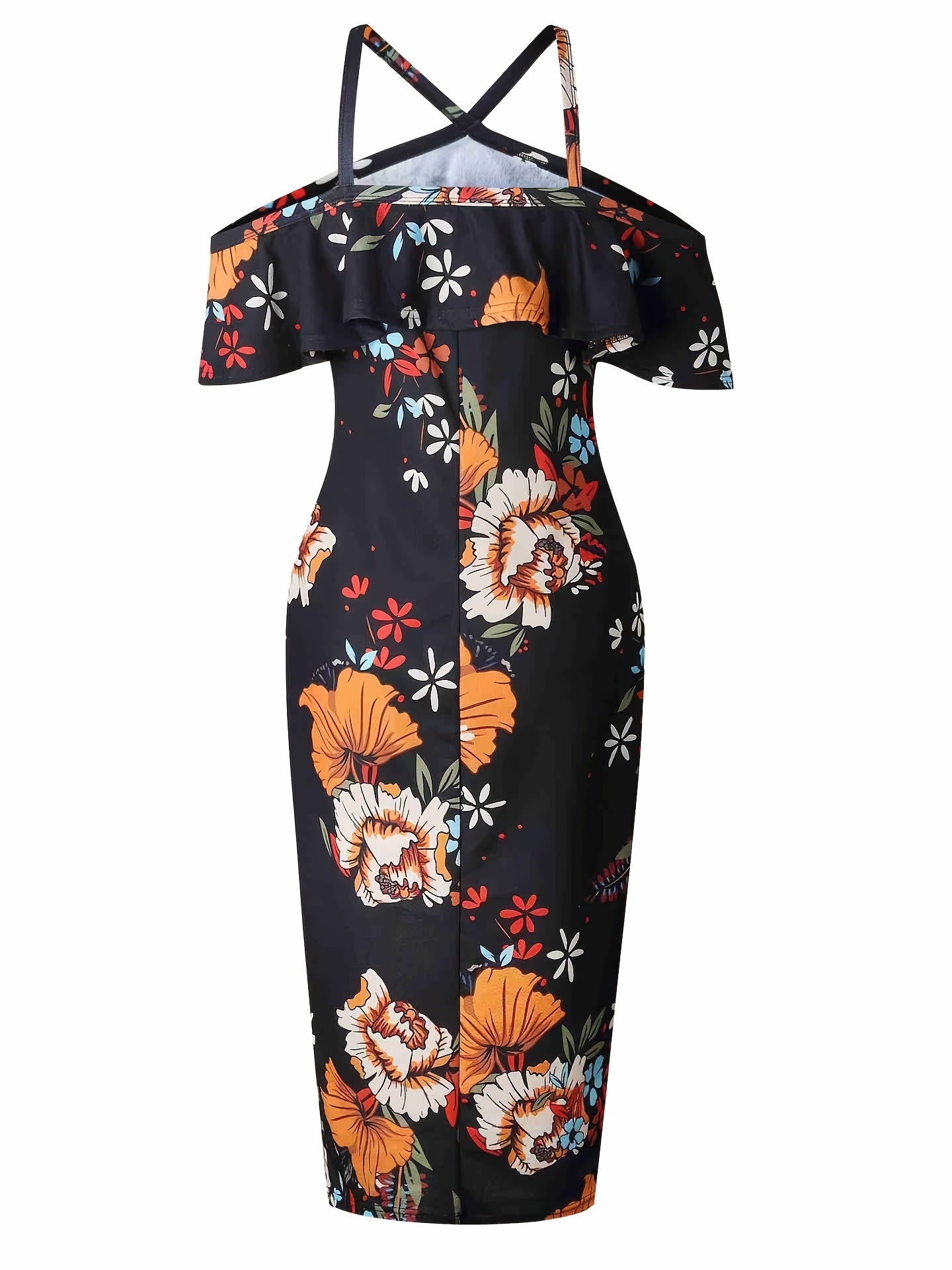 Floral Print Layered Dress, Elegant Bodycon Cold Shoulder Dress, Women's Clothing