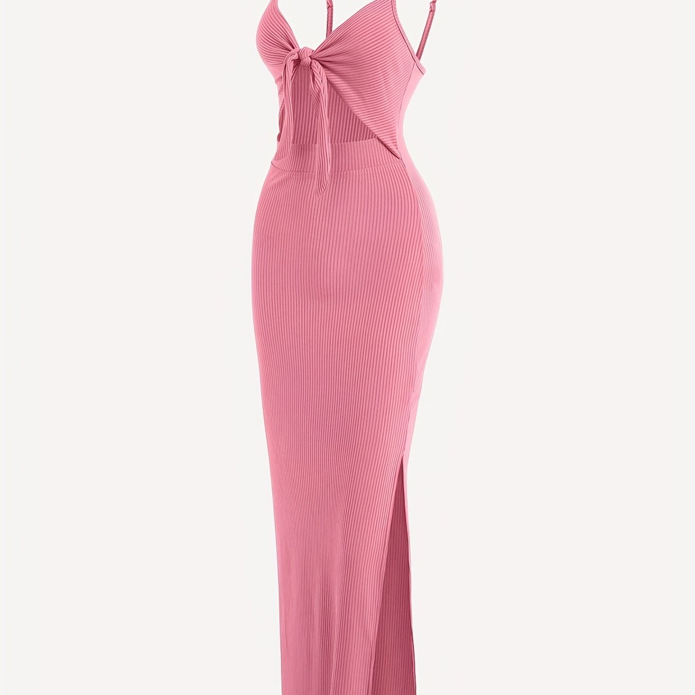 Sixsr Sexy Spaghetti Strap Ribbed Knot Cutout Side Split Maxi Dress, Solid Body-Con Dress For Spring & Fall, Women's Clothing