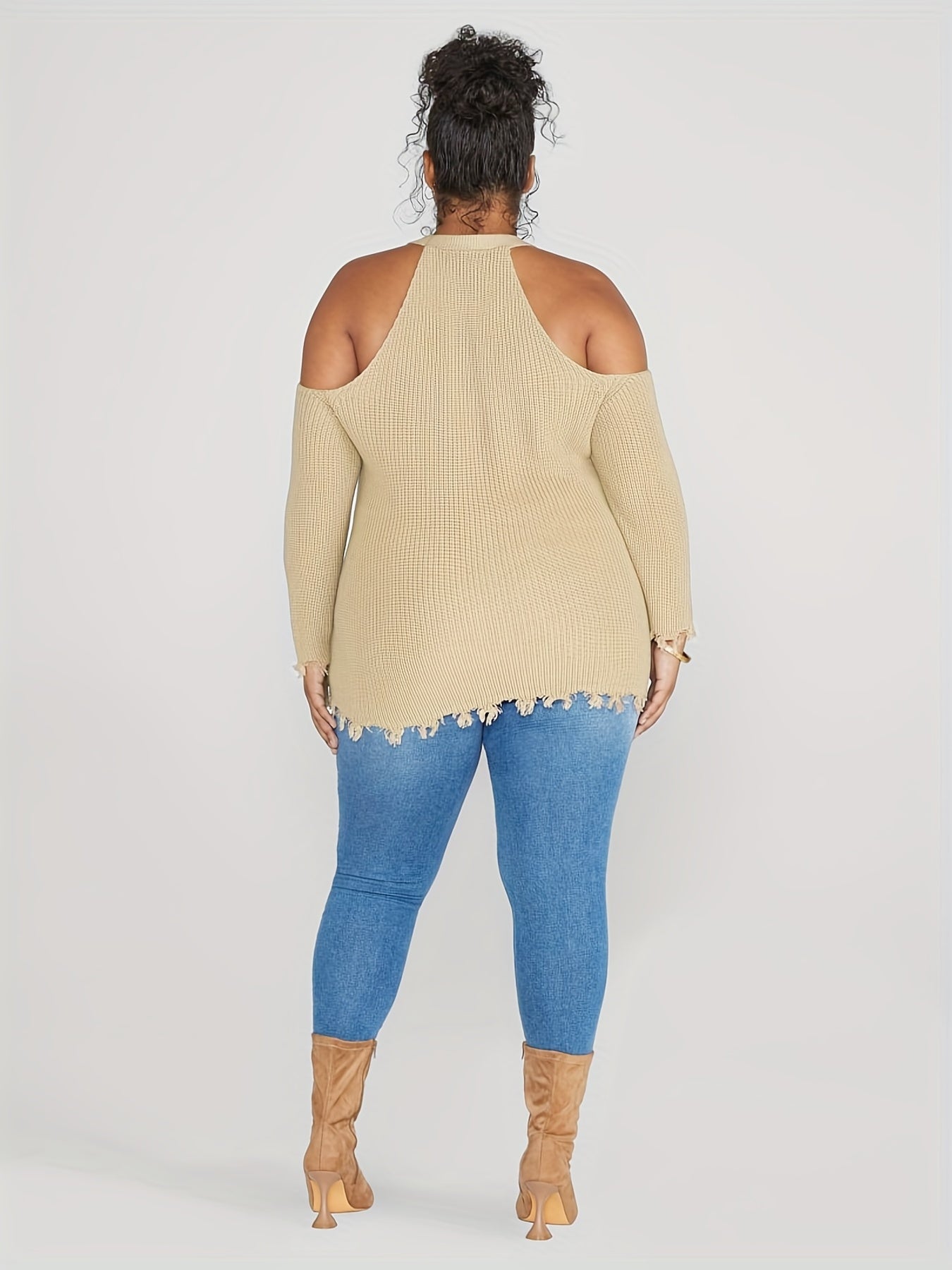 Sixsr Plus Size Elegant Sweater, Women's Plus Long Sleeve Cold Shoulder Fringe Trim Sweater