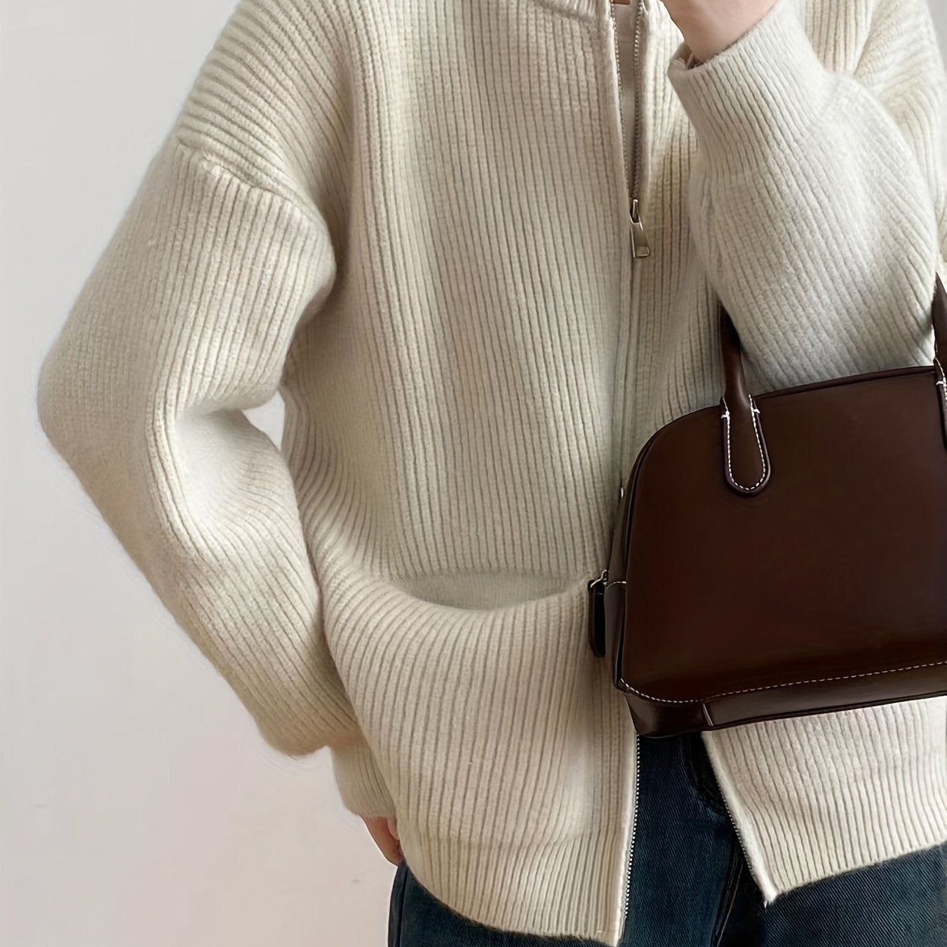 Sixsr Solid Zip Up Knit Cardigan, Casual Long Sleeve Pocket Sweater For Fall & Winter, Women's Clothing