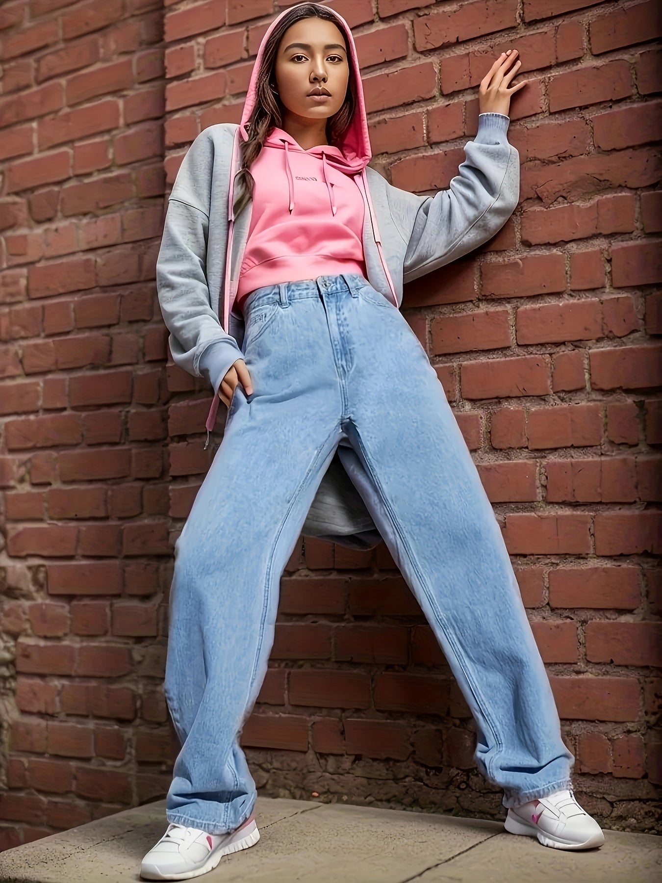 Sixsr Blue Loose Fit Straight Jeans, Non-Stretch Slant Pockets Washed Denim Pants, Women's Denim Jeans & Clothing