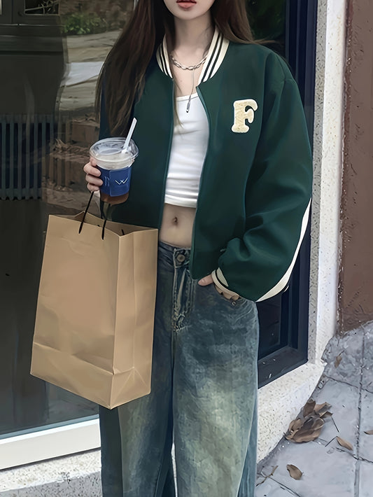 Sixsr Letter Pattern Contrast Trim Jacket, Casual Long Sleeve Zipper Outwear For Fall & Winter, Women's Clothing