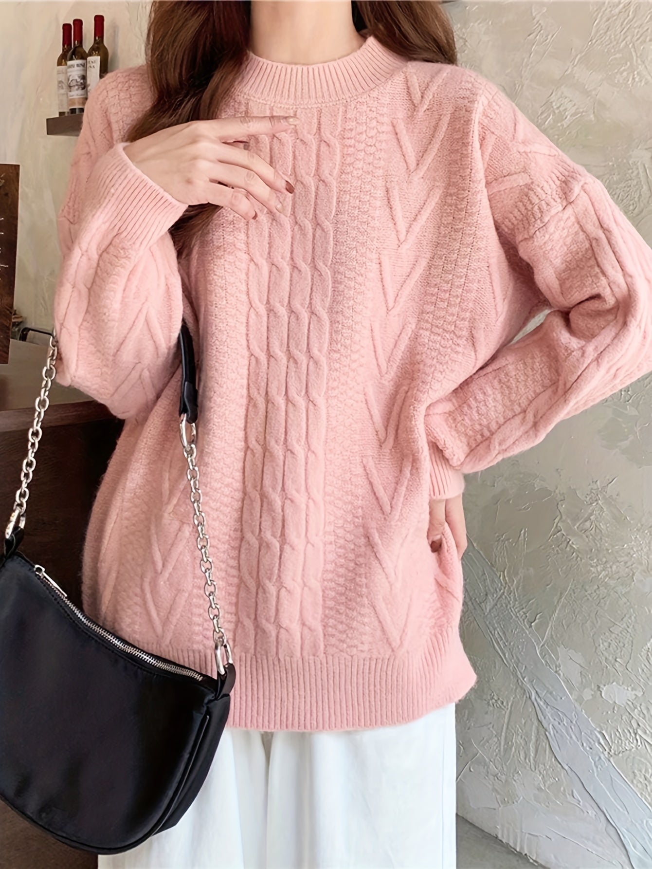 Sixsr Solid Cable Twist Knit Sweater, Casual Long Sleeve Pullover Sweater, Women's Clothing