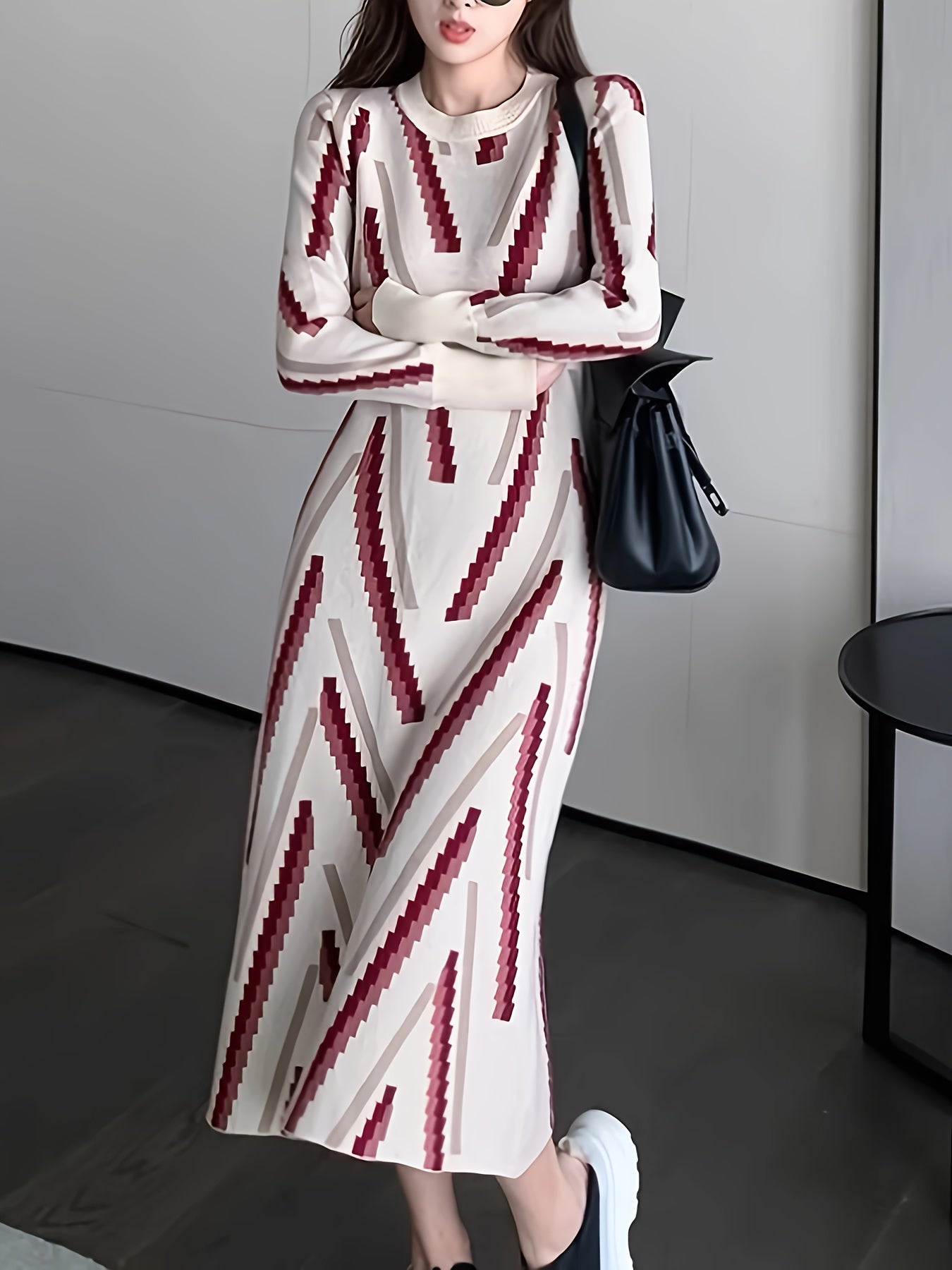 Sixsr Striped Pattern Sweater Dress, Crew Neck Long Sleeve Slim Elegant Dress, Women's Clothing