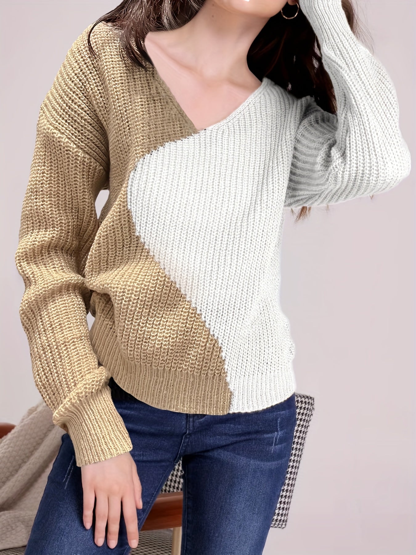 Sixsr Color Block Drop Shoulder Sweater, Casual V-neck Long Sleeve Sweater, Women's Clothing