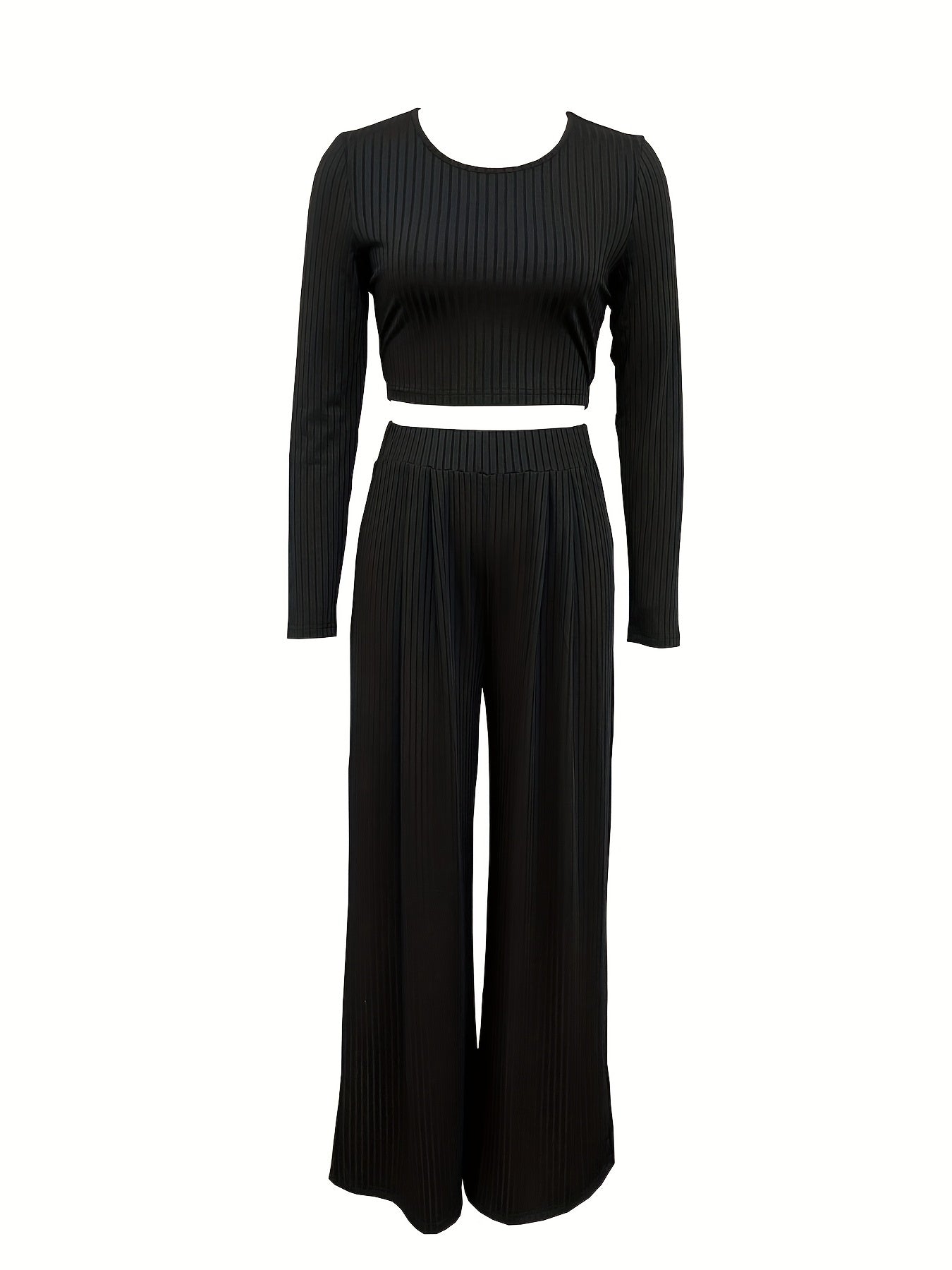 Sixsr Solid Casual Two-piece Set, Crew Neck Long Sleeve Tops & High Waist Wide Leg Pants Outfits, Women's Clothing